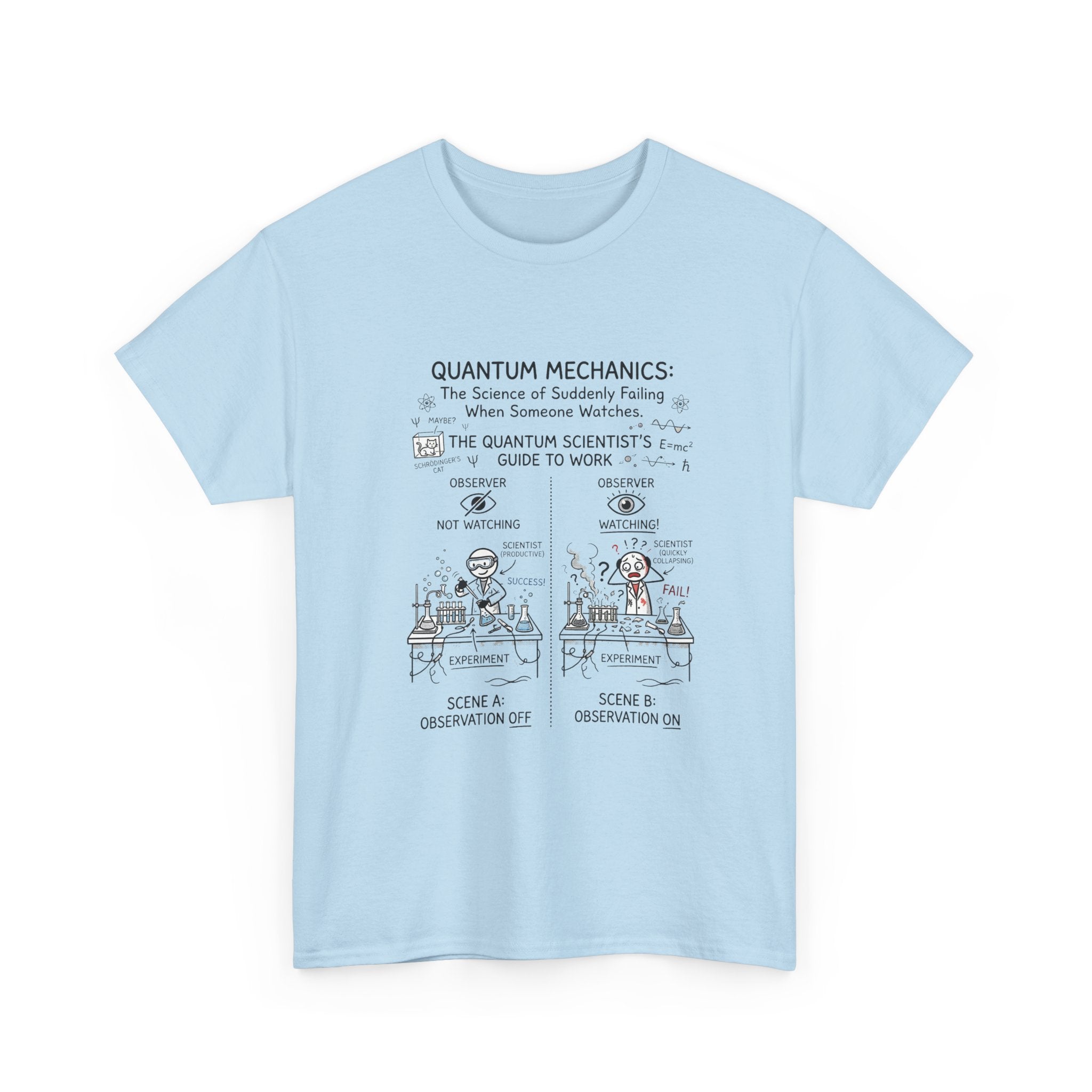 Quantum Mechanics Cartoon T‑Shirt — Funny Science Diagram Tee