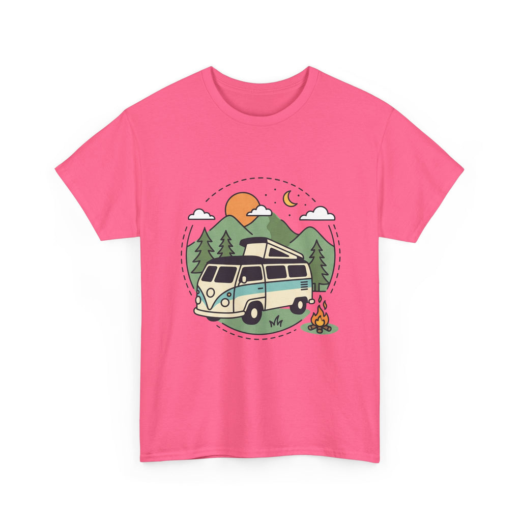 Camper Van Camping T‑Shirt — Retro Van, Mountains & Campfire Tee