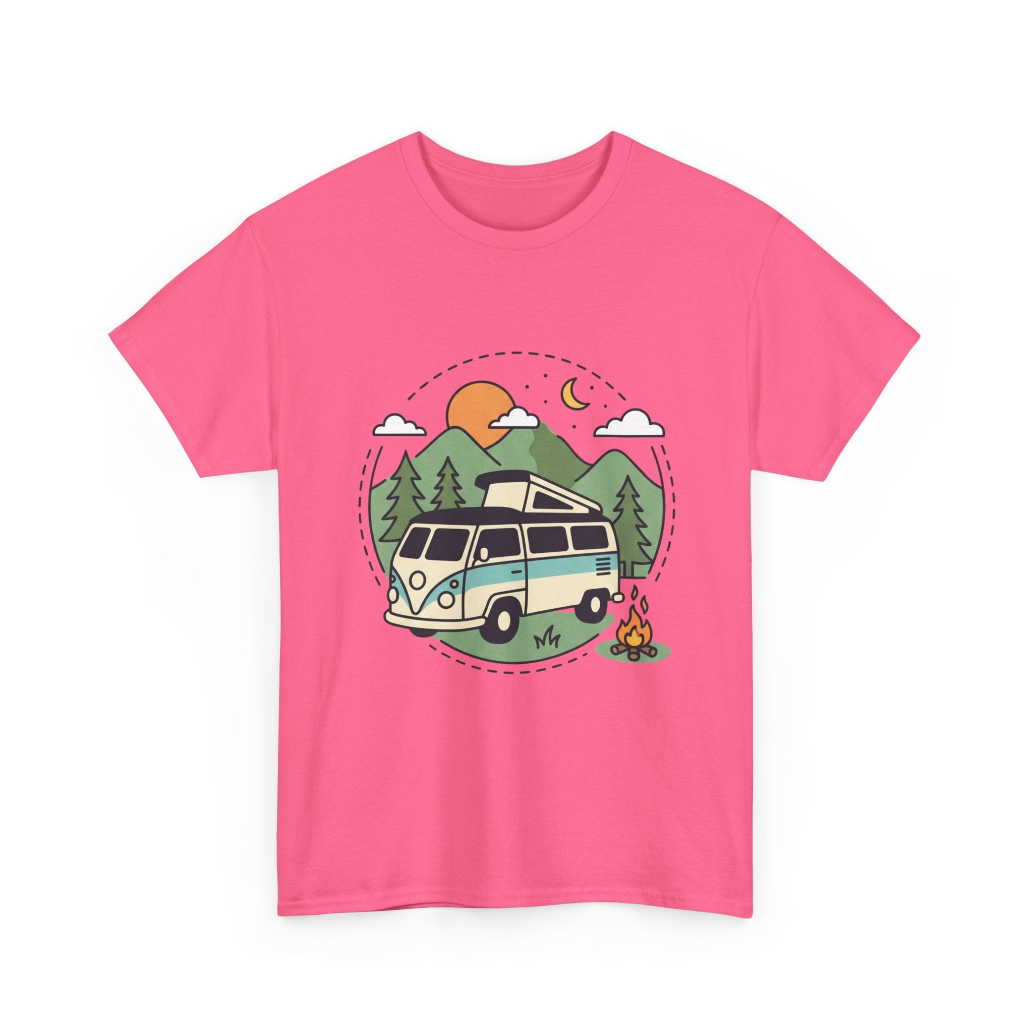 Camper Van Camping T‑Shirt — Retro Van, Mountains & Campfire Tee