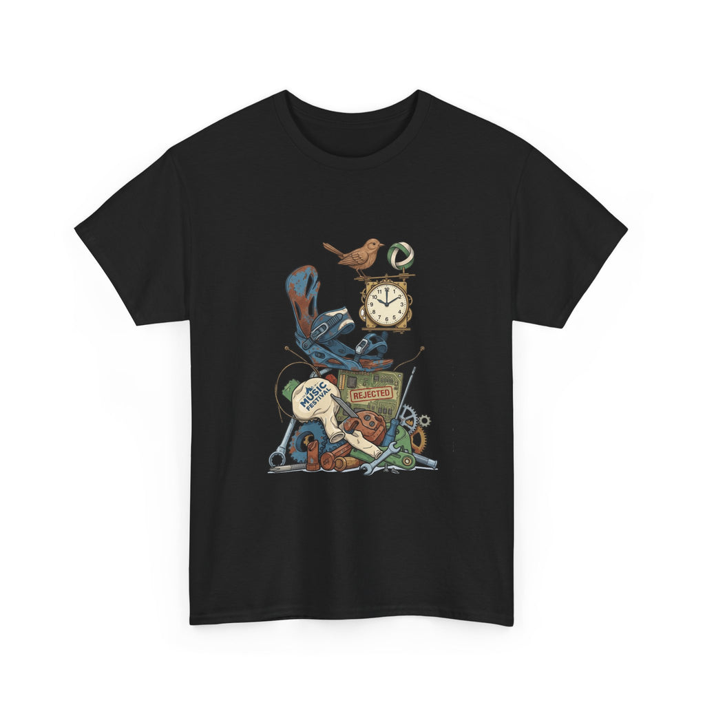 Vintage Hobbies Stack T-Shirt — Retro Clock, Guitar & Tools Illustration