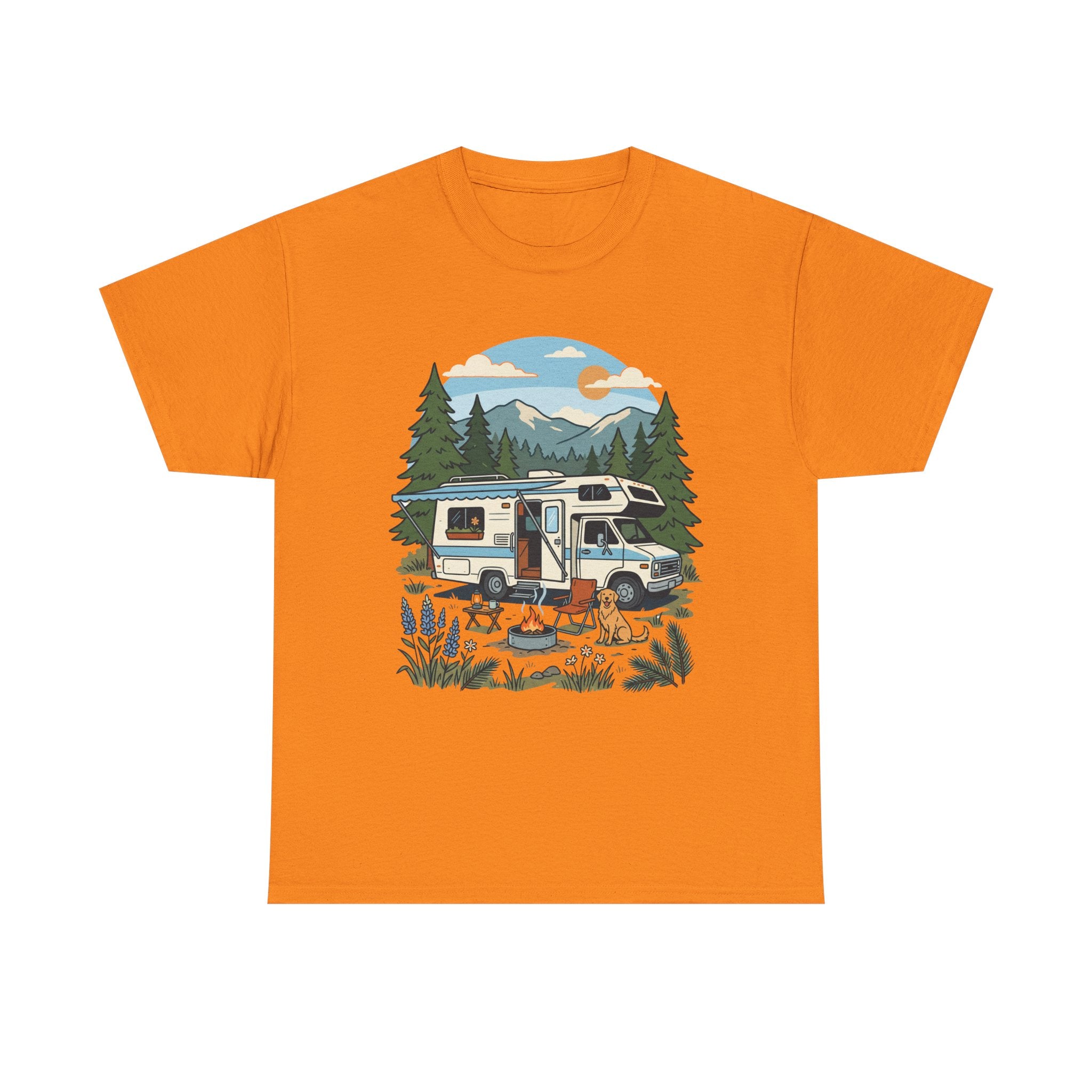 Camper Van Camping T‑Shirt — Retro RV Campfire Graphic Tee for Outdoors Lovers