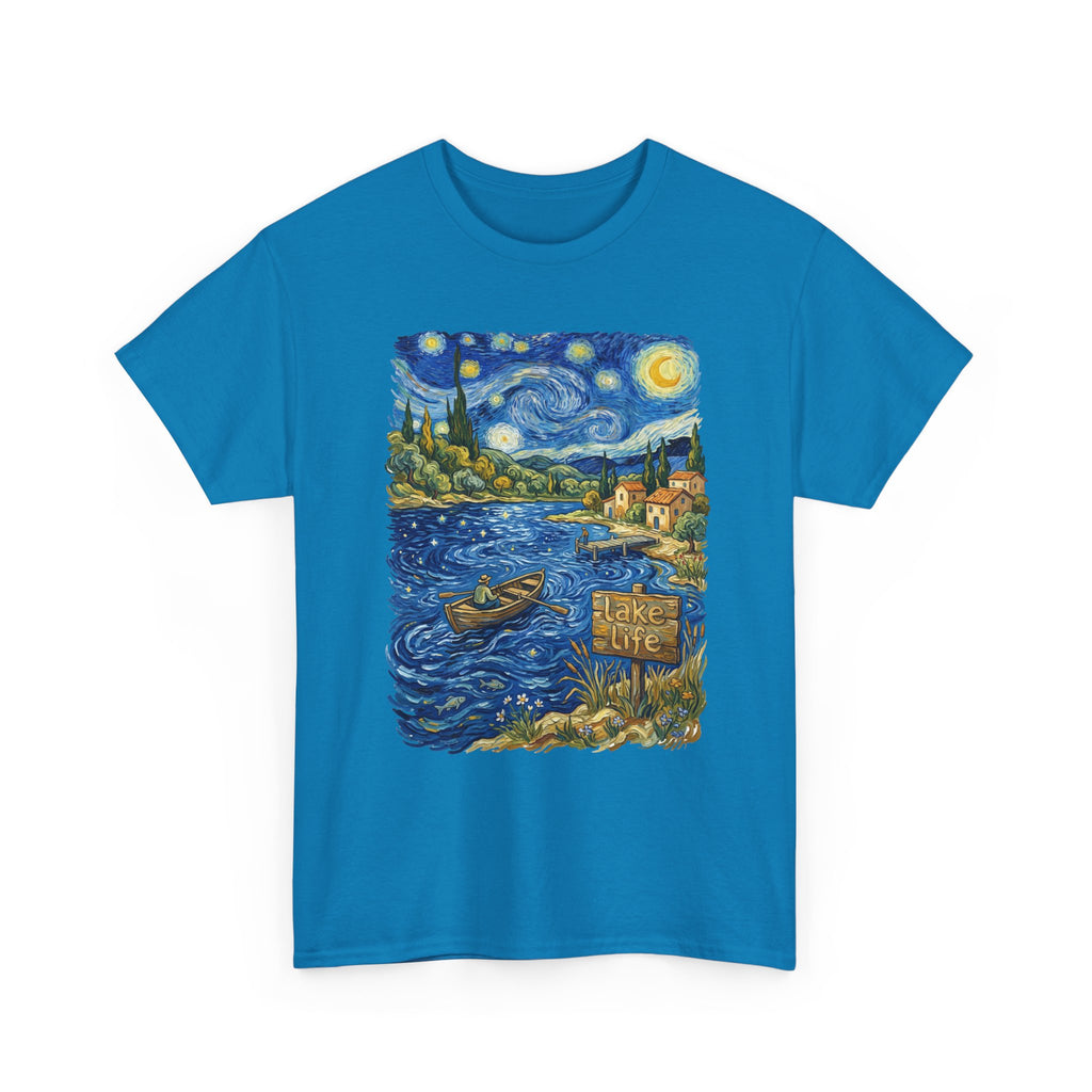 T-Shirt — Van Gogh Night Lake Art Tee (Boat on Starry Night)