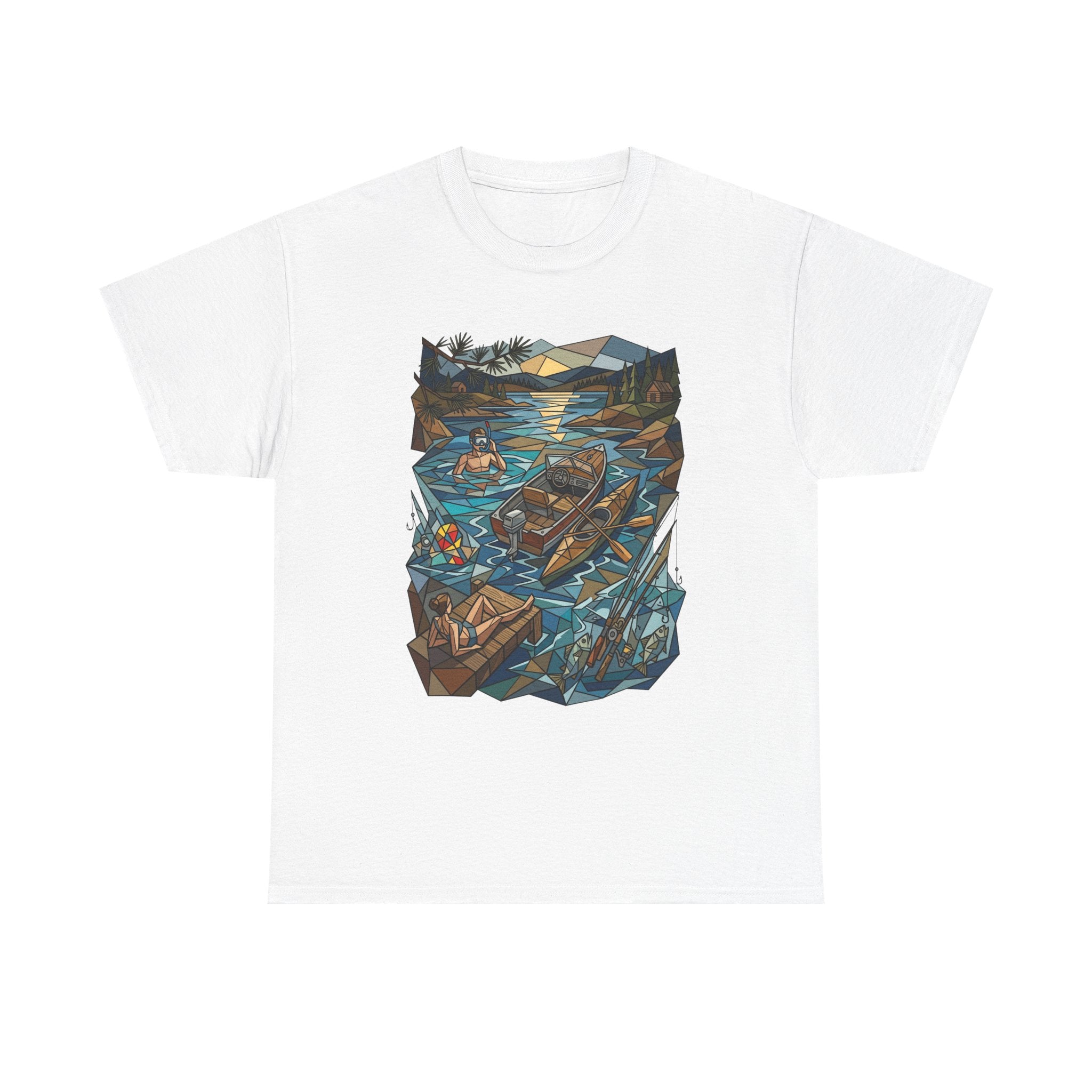 Fishing River Scene T-Shirt — Scenic Canoe & Rowboat Lake Outdoor Adventure Tee