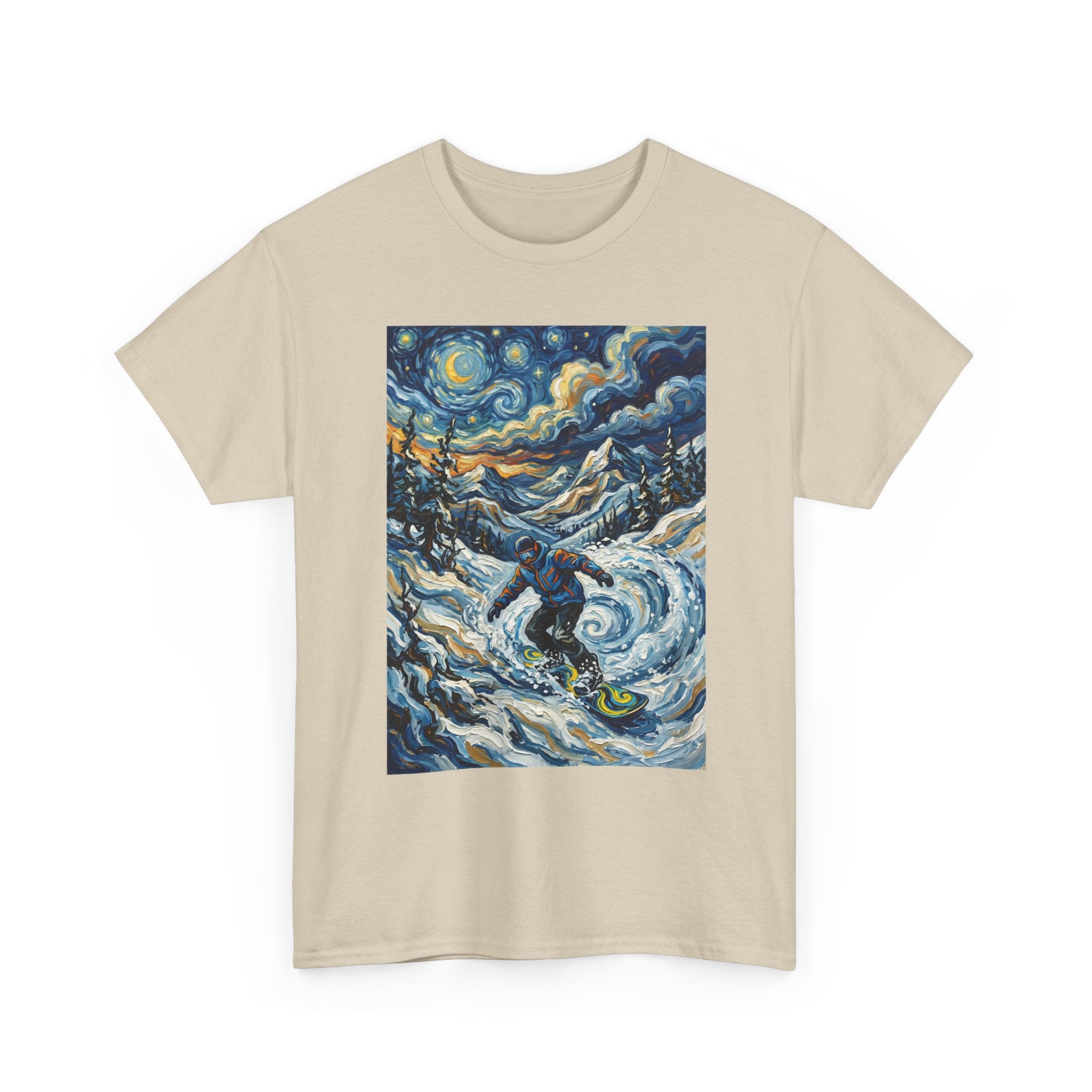Snowboarder Van Gogh Style Tee — Starry Night Snowboarding Graphic Shirt