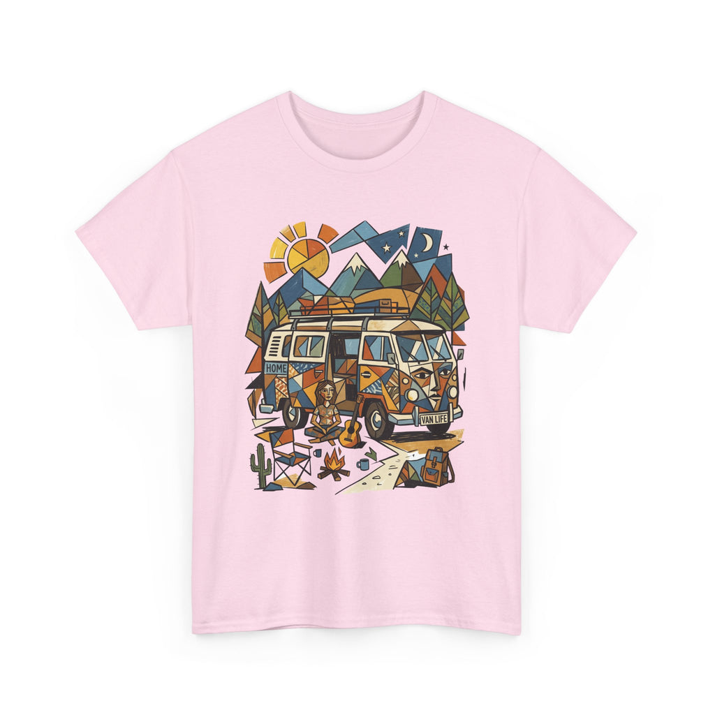 Adventure Van Camping T-Shirt — Retro Camper Van, Mountains & Campfire Graphic Tee