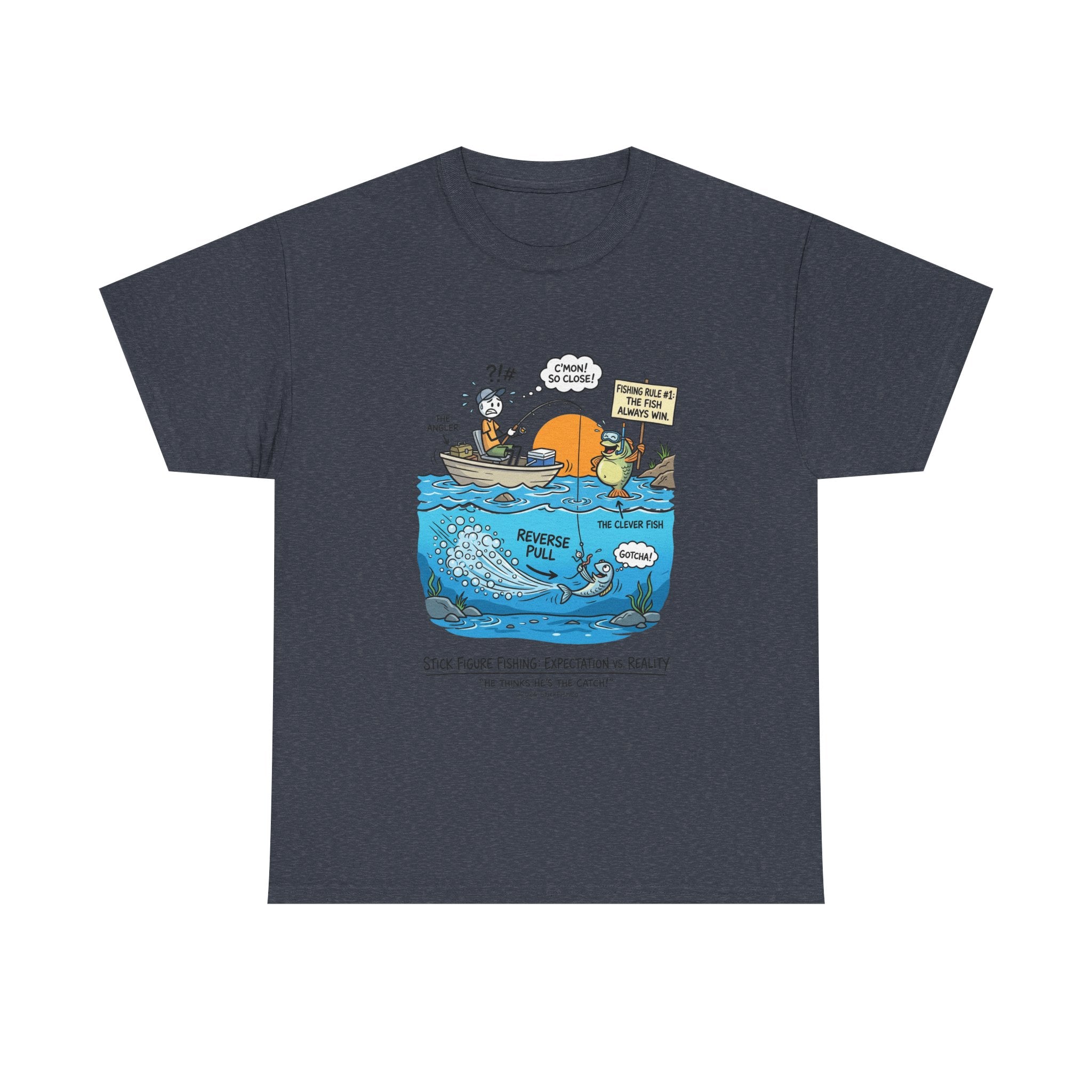 Fishing Cartoon T-Shirt — 'Reverse Take' Sunset Boating Tee