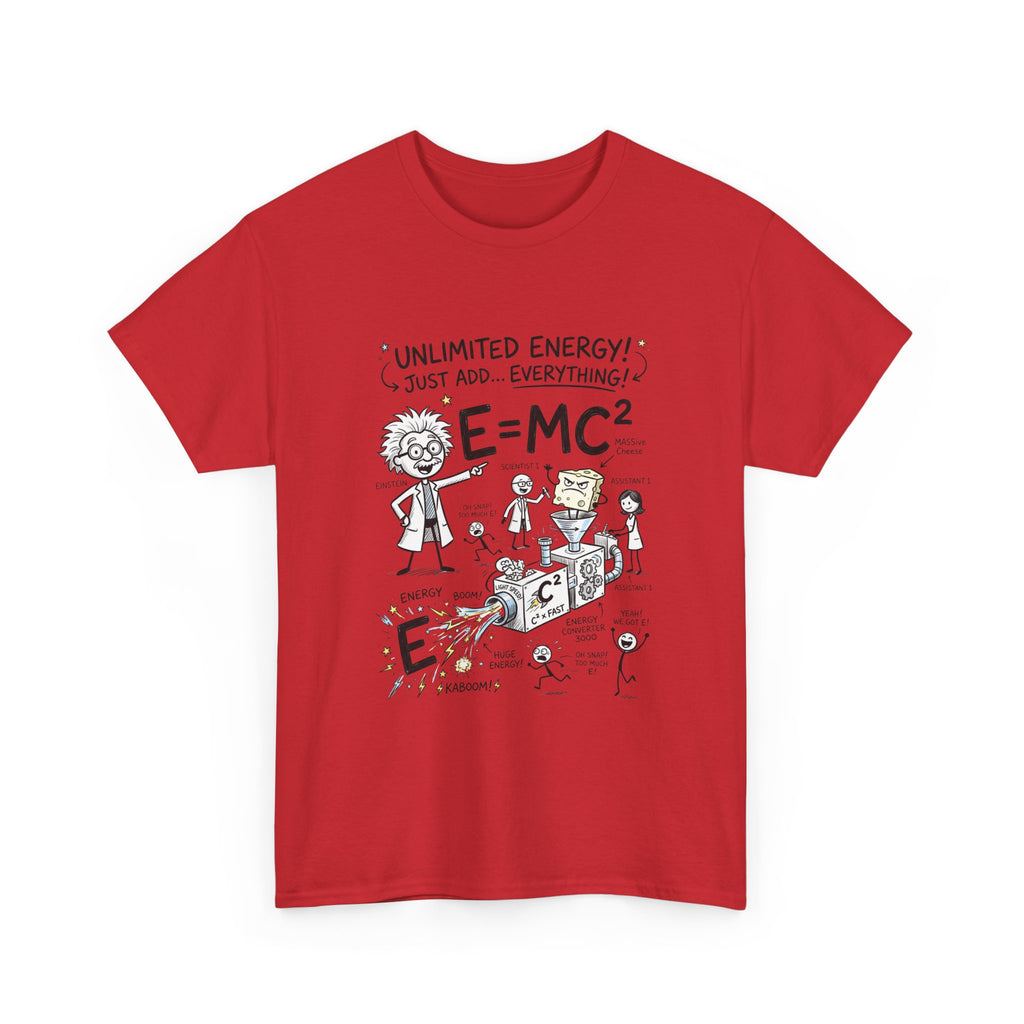 Science Cartoon T-Shirt — "Unlimited Energy! Just Add Everything" E=MC2 Graphic Tee