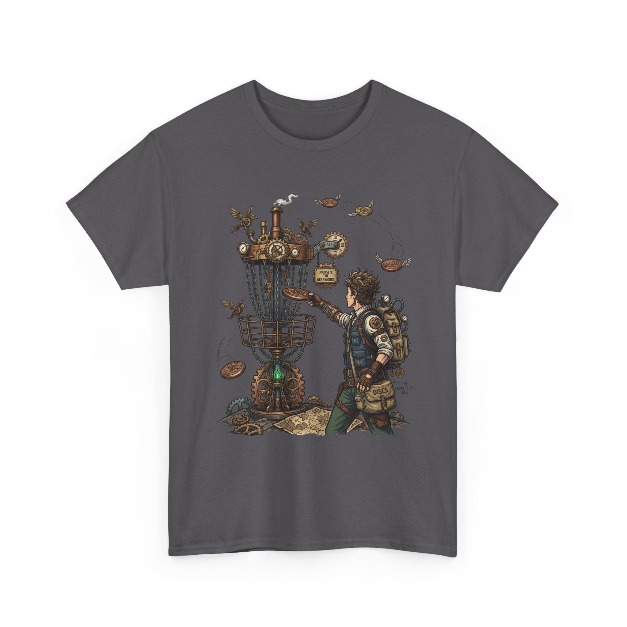 Disc Golf Adventure T‑Shirt — Steampunk Player & Birdie Basket Graphic Tee