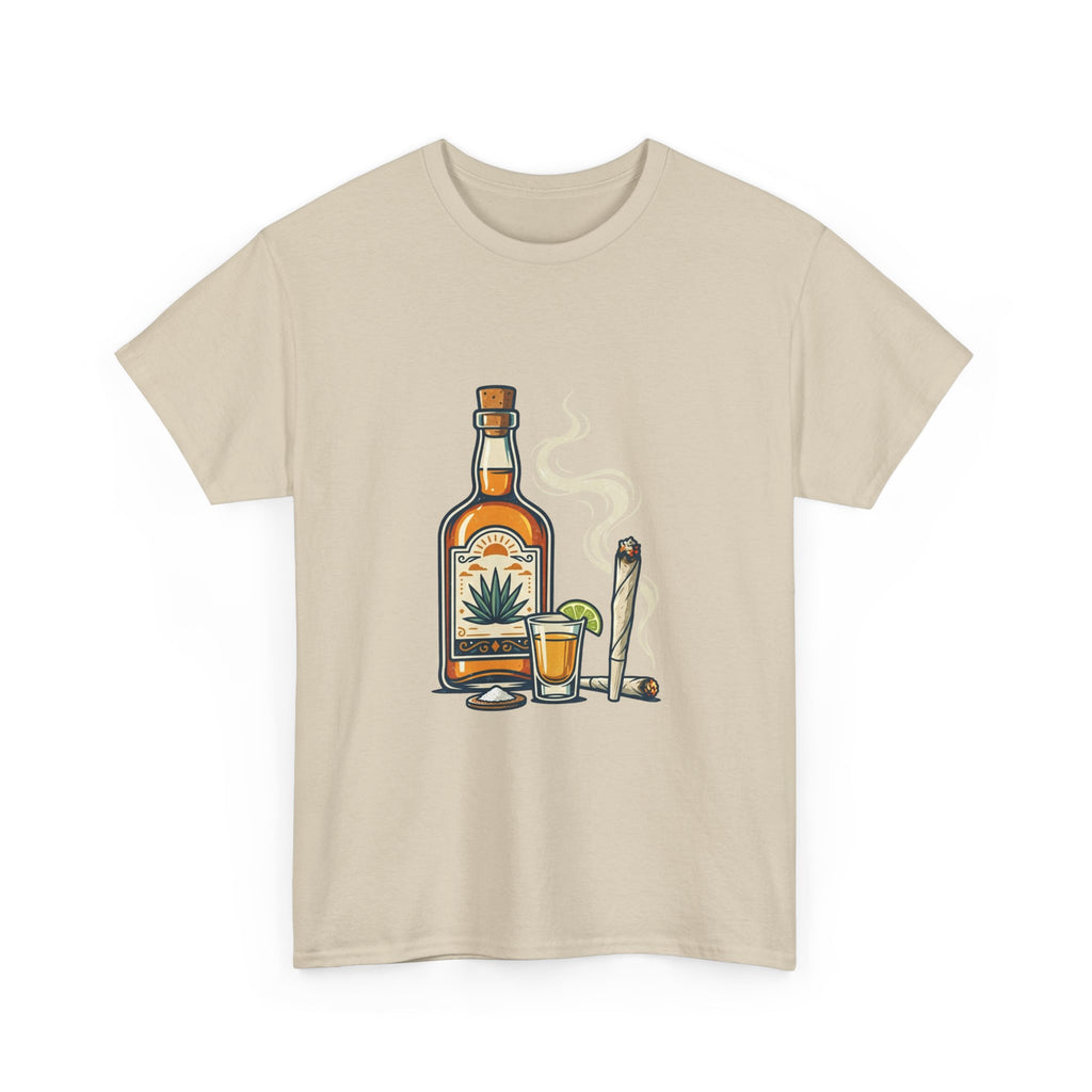 Tequila & Joint T-Shirt — Mexican Agave Bottle with Shot Glass and Joint Graphic