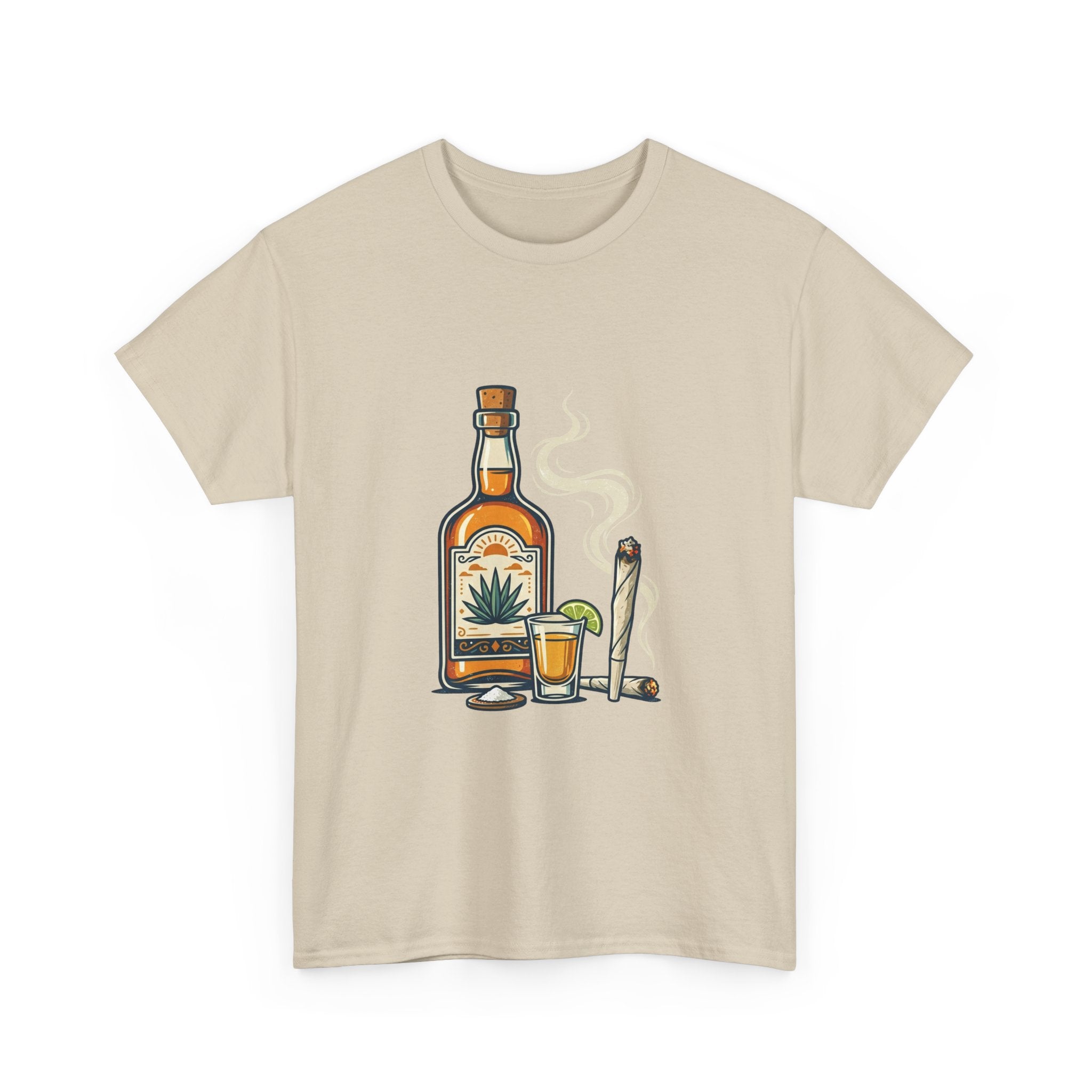 Tequila & Joint T-Shirt — Mexican Agave Bottle with Shot Glass and Joint Graphic