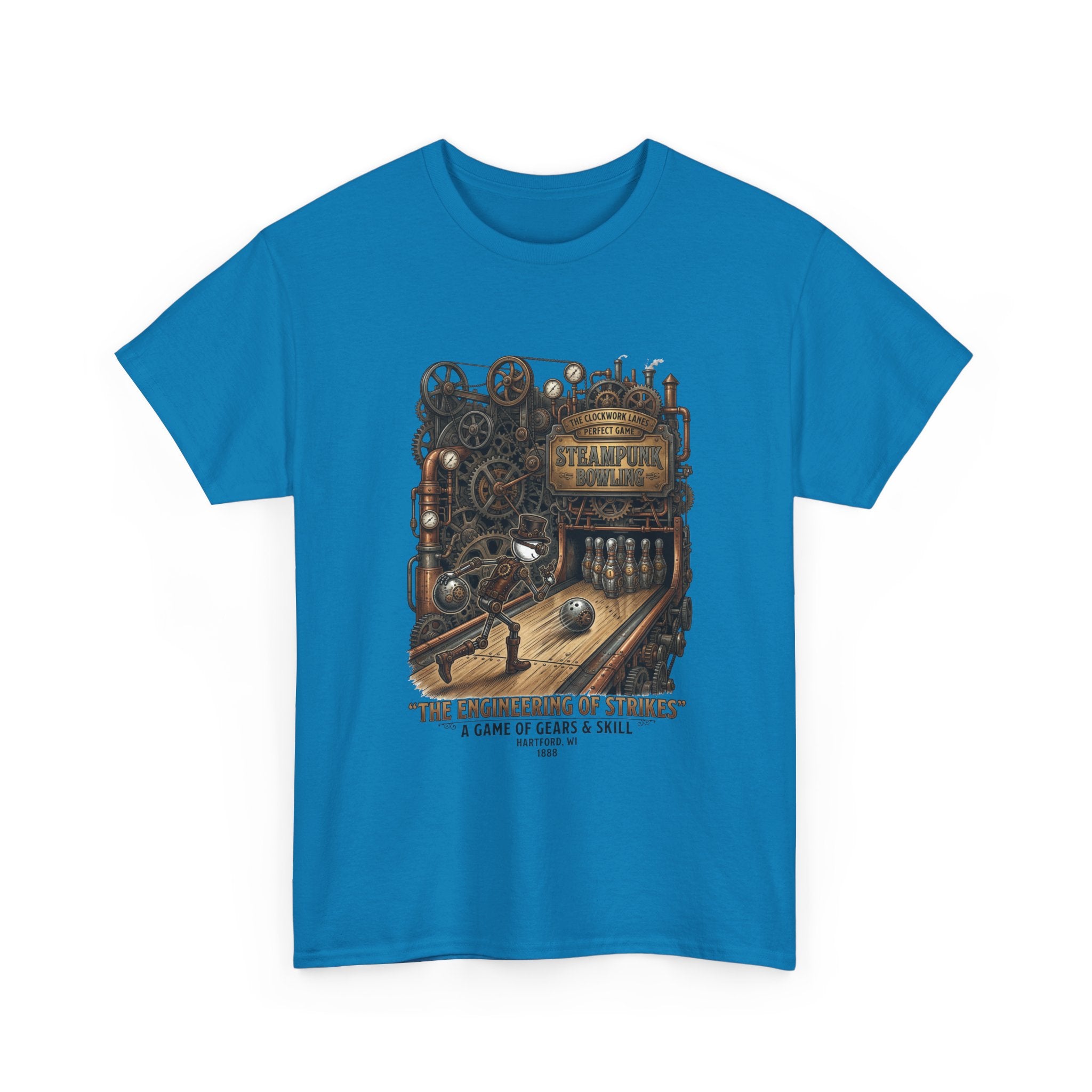 Steampunk Bowling T-Shirt — "The Engineering of Strikes" Vintage Gears Design