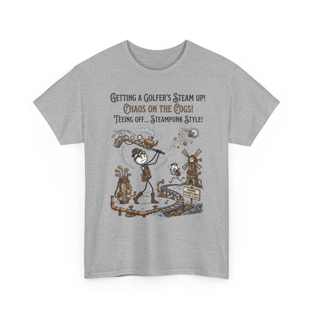 Steampunk Golf T-Shirt - "Getting a Golfer's Steam Up! Chaos on the Cogs" Graphic Tee