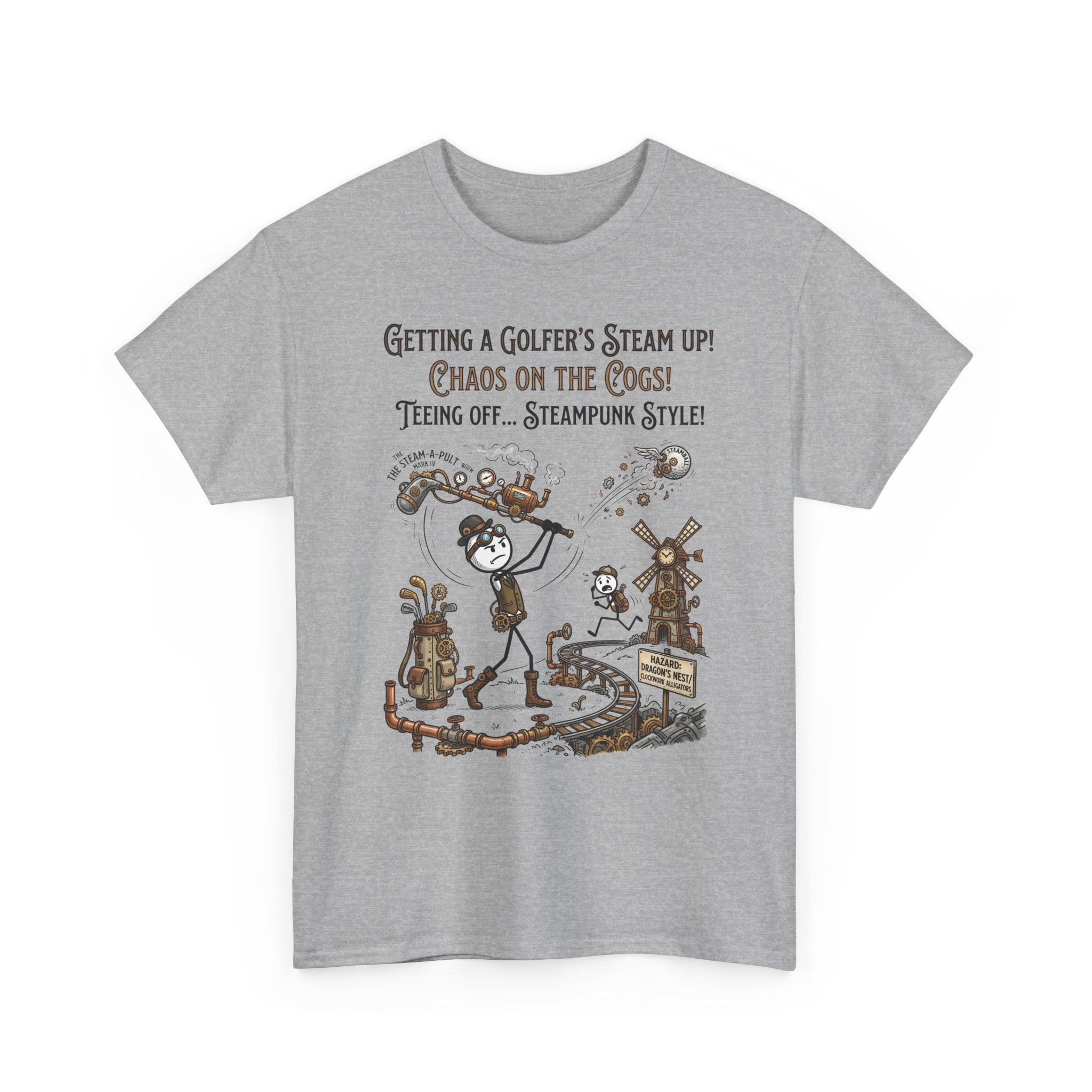 Steampunk Golf T-Shirt - "Getting a Golfer's Steam Up! Chaos on the Cogs" Graphic Tee