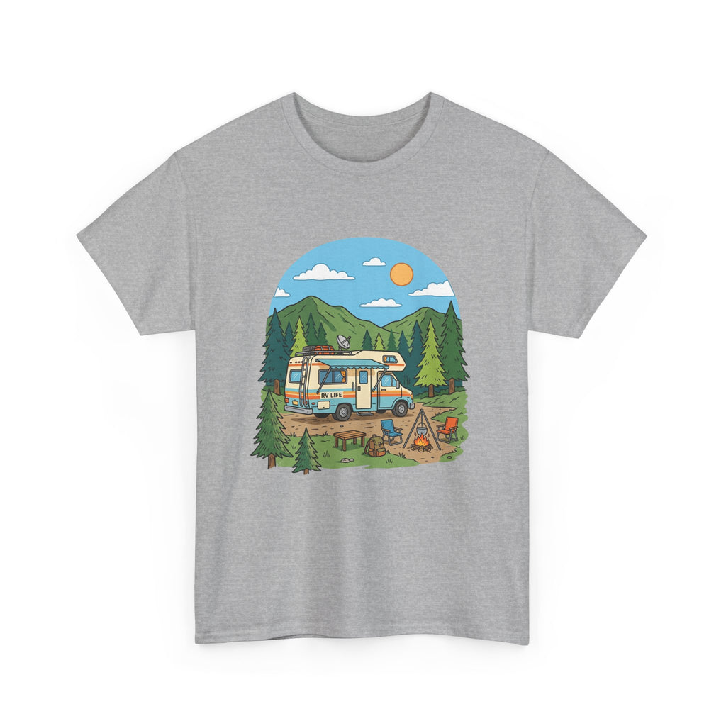 Camping Van Graphic Tee — Retro Camper Van & Campfire Outdoor Shirt