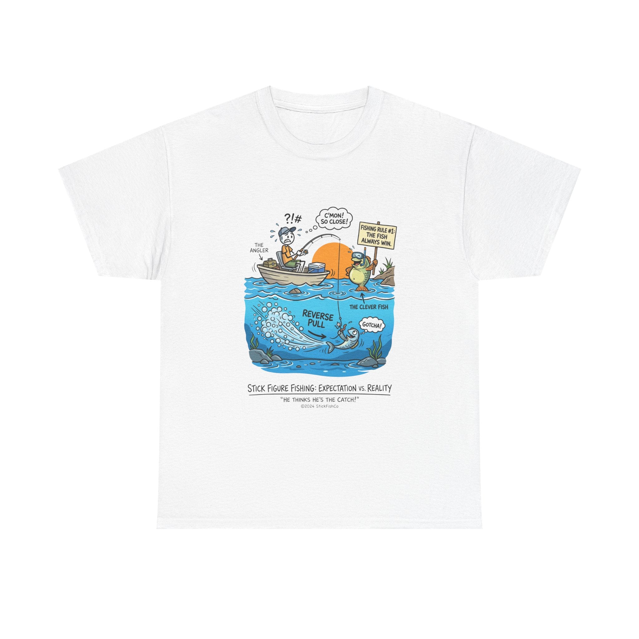 Fishing Cartoon T-Shirt — 'Reverse Take' Sunset Boating Tee