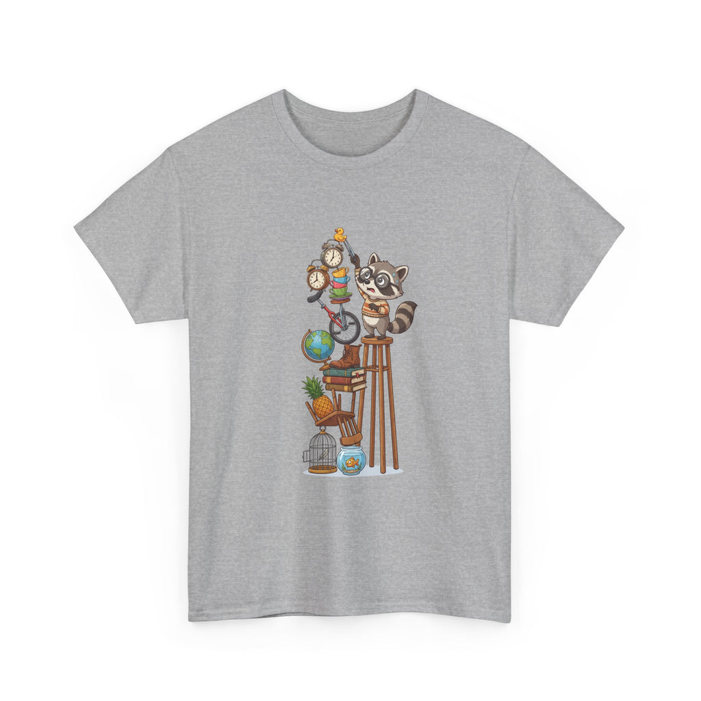 Raccoon & Curiosity Shelf T‑Shirt — Cute Scientist Animal Stack Graphic Tee