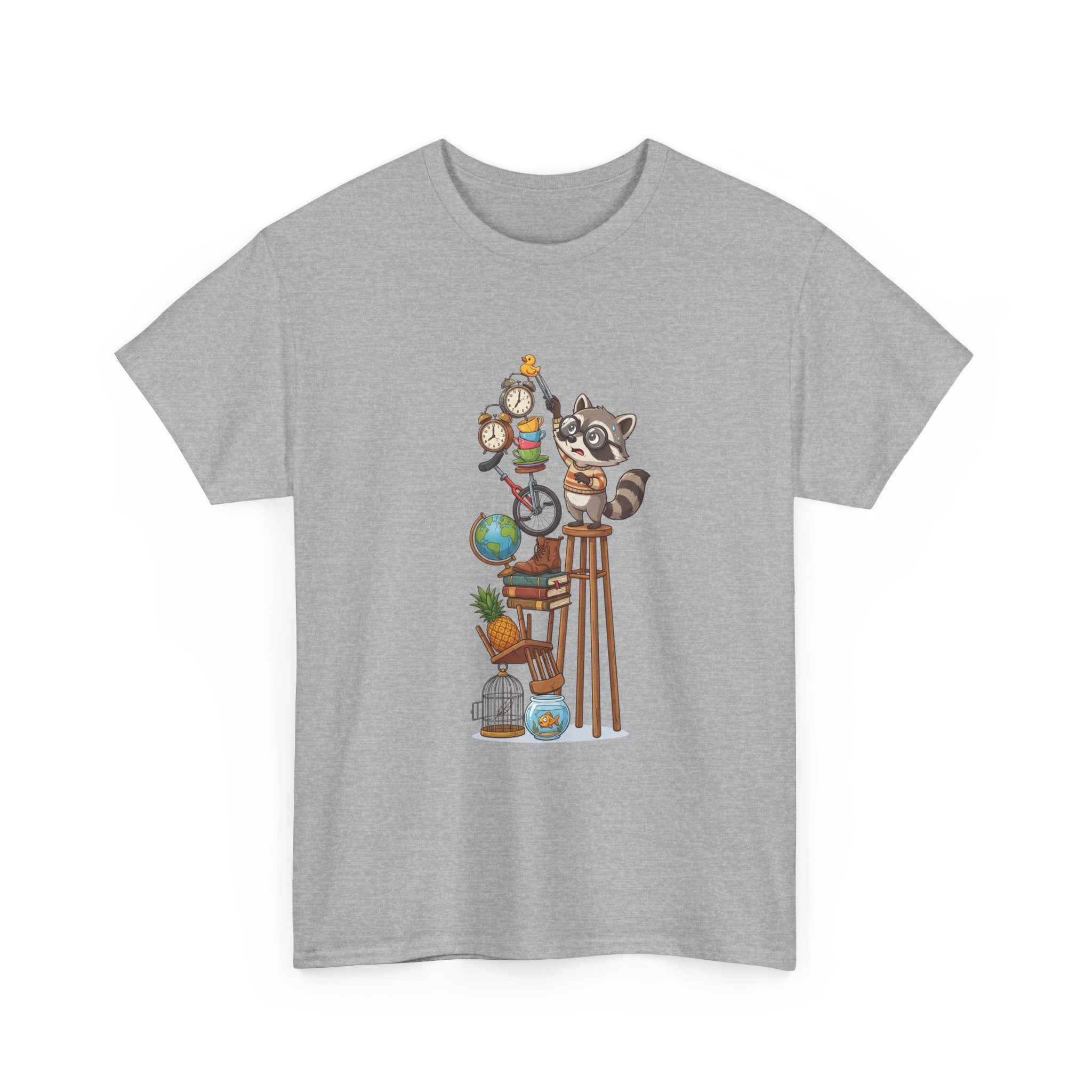 Raccoon & Curiosity Shelf T‑Shirt — Cute Scientist Animal Stack Graphic Tee