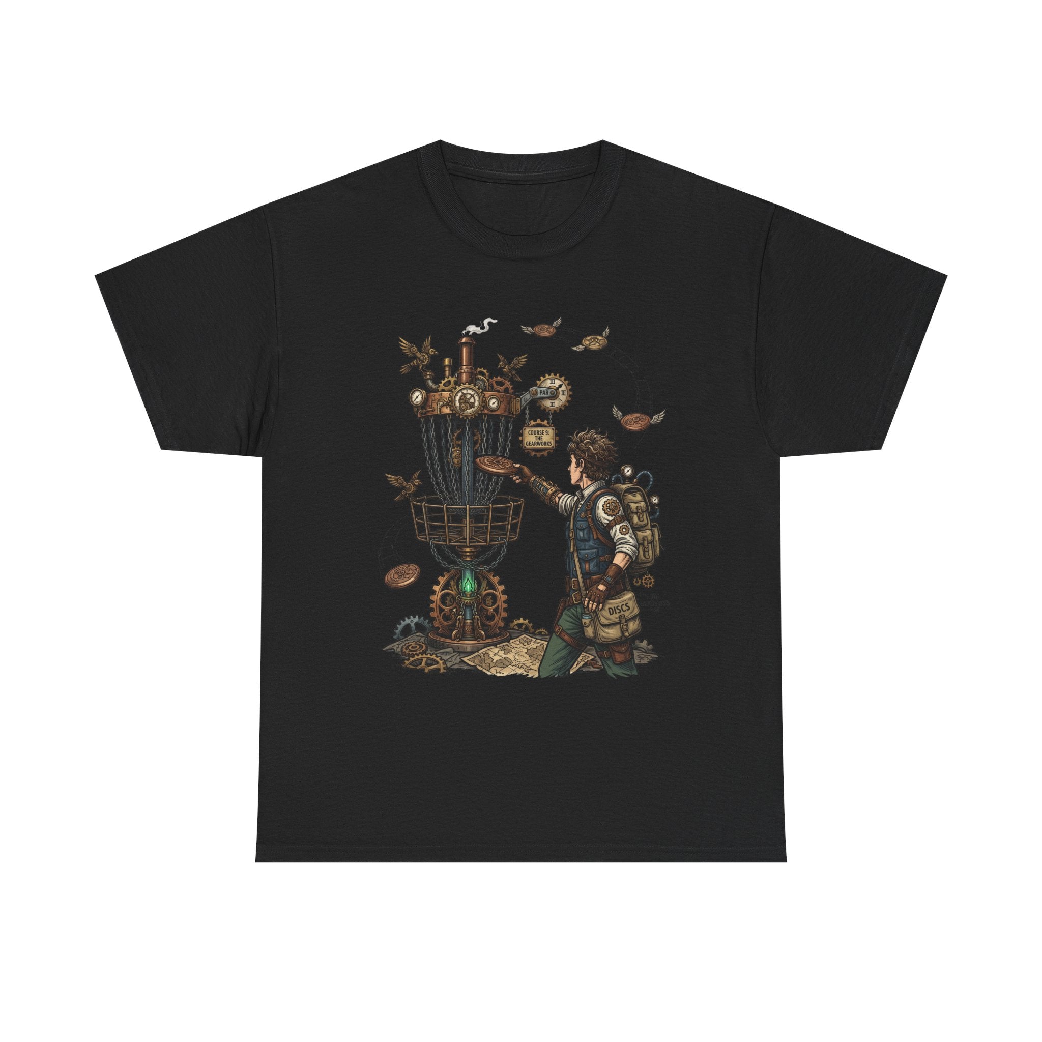 Disc Golf Adventure T‑Shirt — Steampunk Player & Birdie Basket Graphic Tee