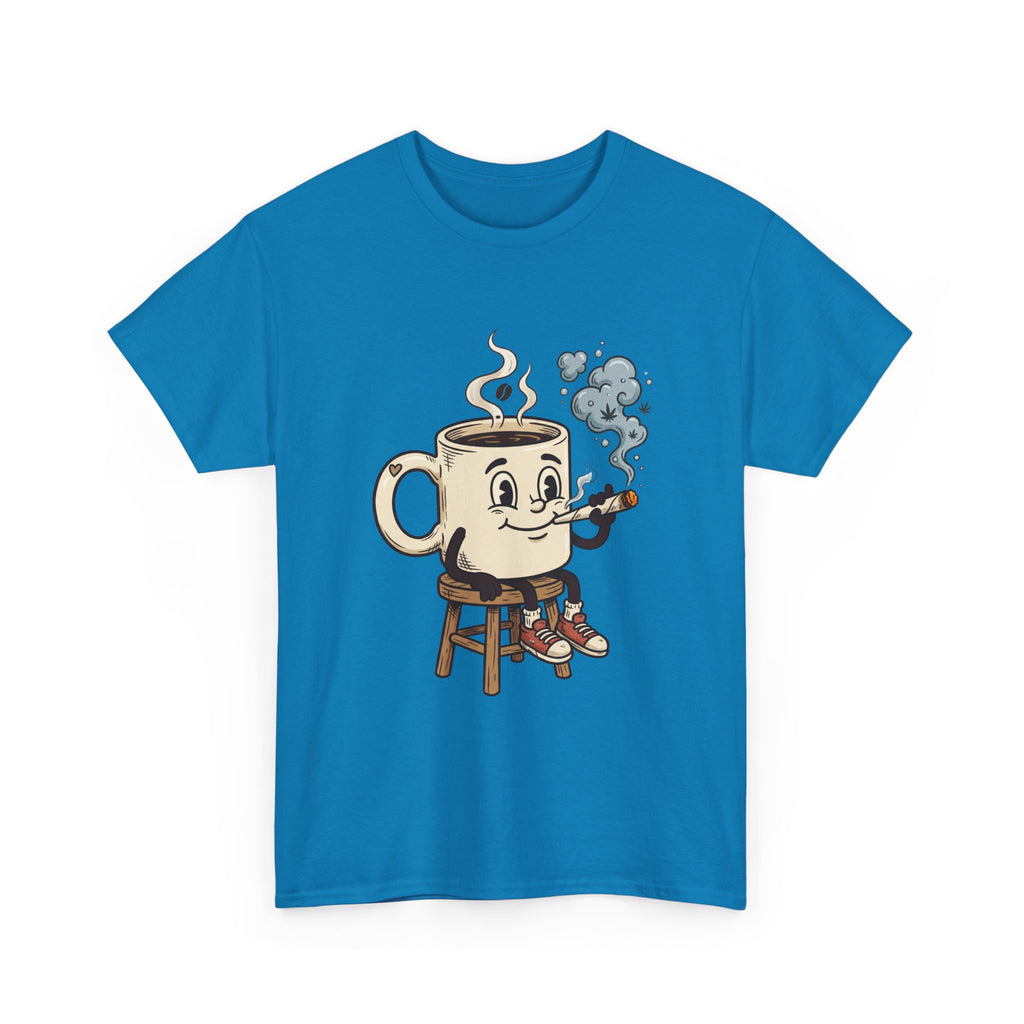 Coffee and a joint Character Tee — Retro Smiling Cup Smoking weed Graphic T-Shirt
