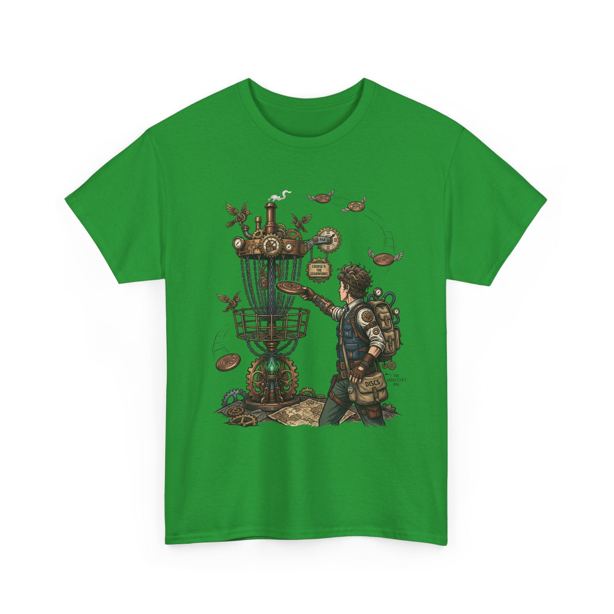 Disc Golf Adventure T‑Shirt — Steampunk Player & Birdie Basket Graphic Tee