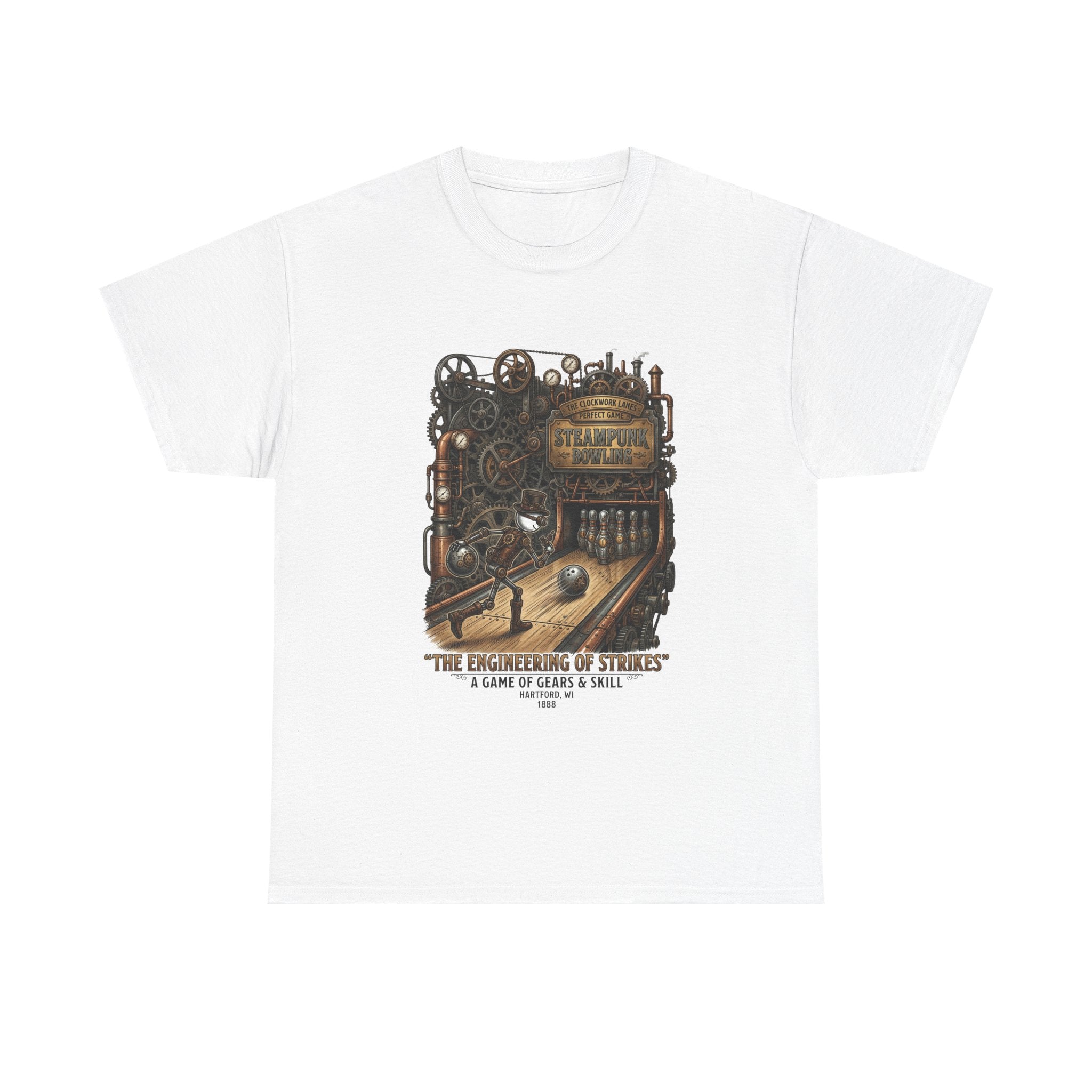 Steampunk Bowling T-Shirt — "The Engineering of Strikes" Vintage Gears Design
