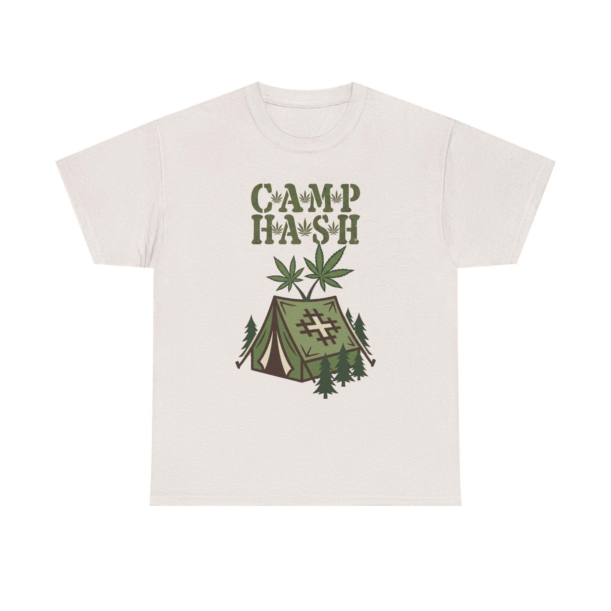 Camp Hash Cannabis Camping T‑Shirt — Retro Tent & Leaf Outdoor Smoke Tee
