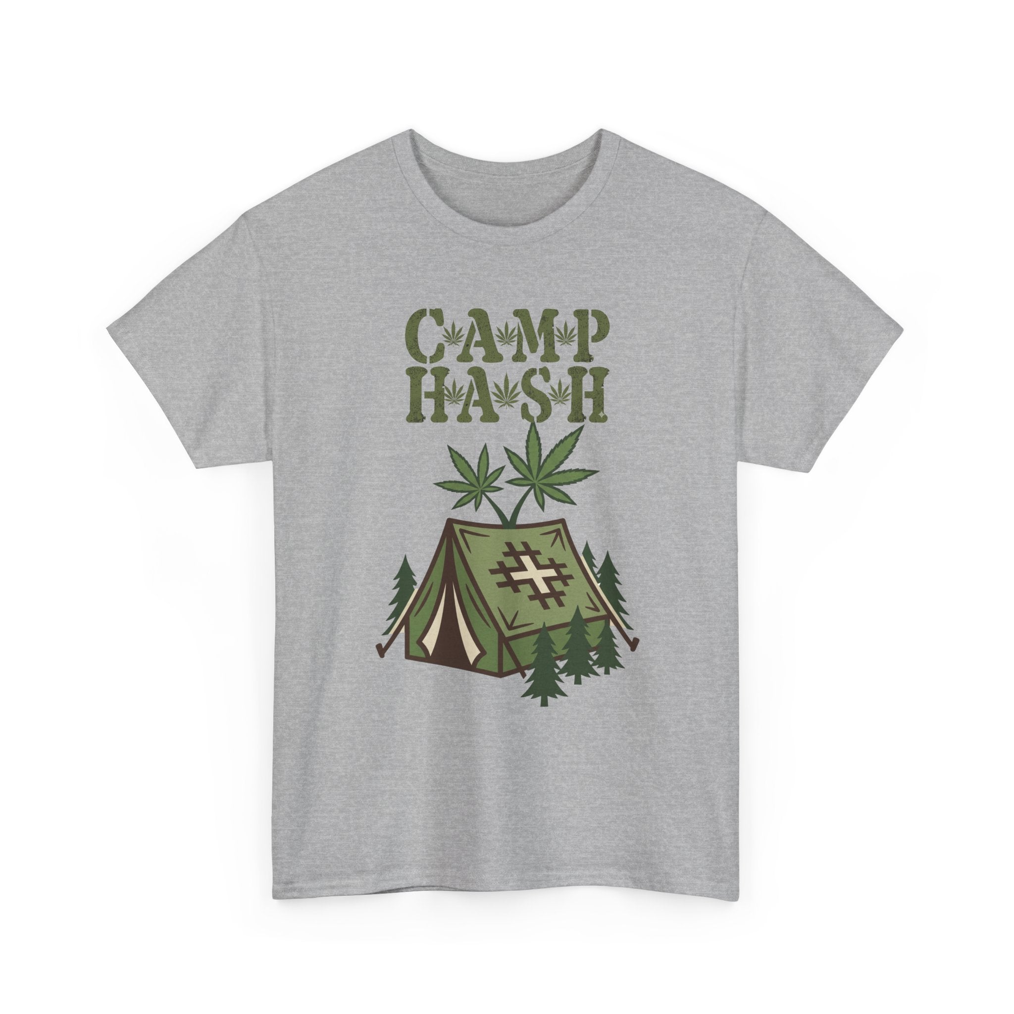 Camp Hash Cannabis Camping T‑Shirt — Retro Tent & Leaf Outdoor Smoke Tee