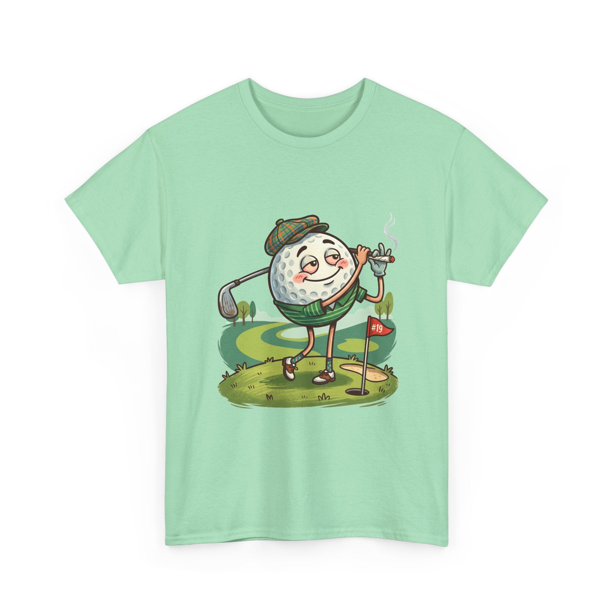 Golf Ball Character Weed T‑Shirt — Funny Retro Golfer Cartoon Tee