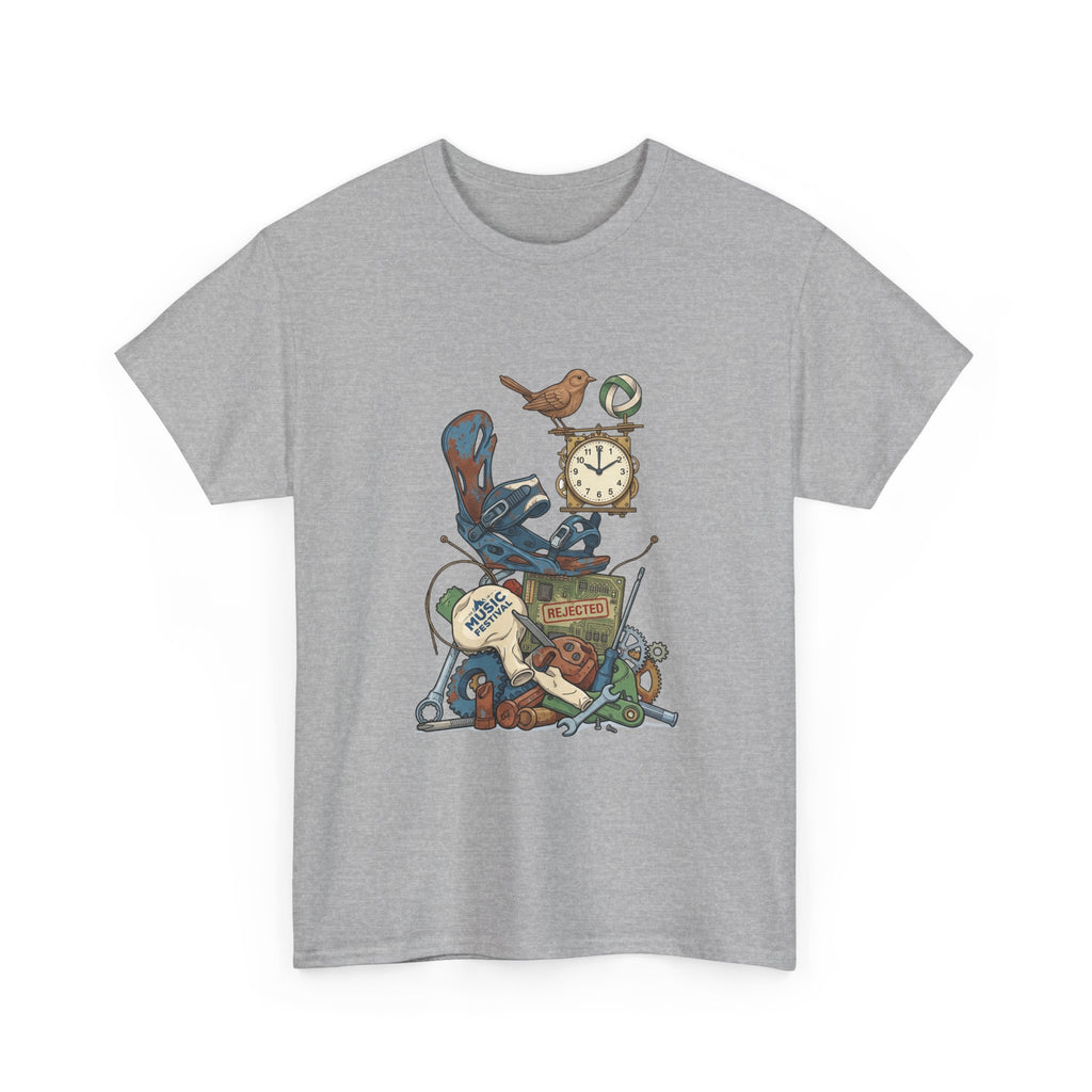 Vintage Hobbies Stack T-Shirt — Retro Clock, Guitar & Tools Illustration