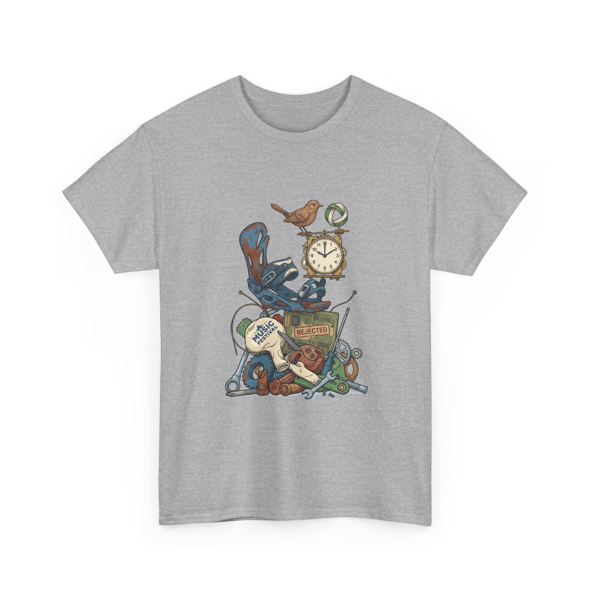 Vintage Hobbies Stack T-Shirt — Retro Clock, Guitar & Tools Illustration