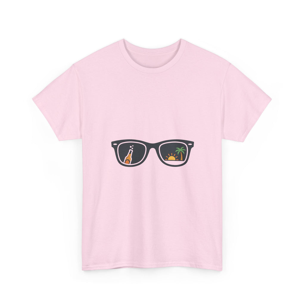 Sunglasses Reflection Tee — Tropical Beach & Palm Drink Graphic T-Shirt