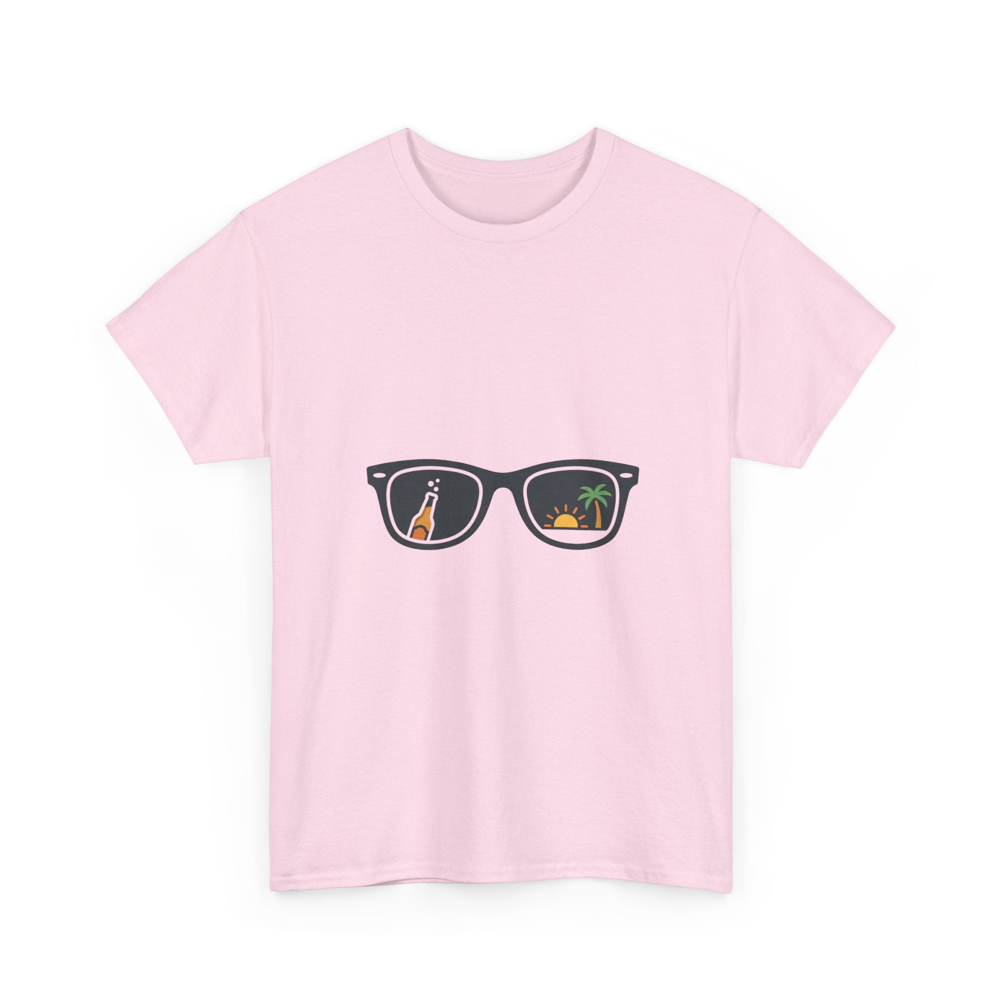 Sunglasses Reflection Tee — Tropical Beach & Palm Drink Graphic T-Shirt