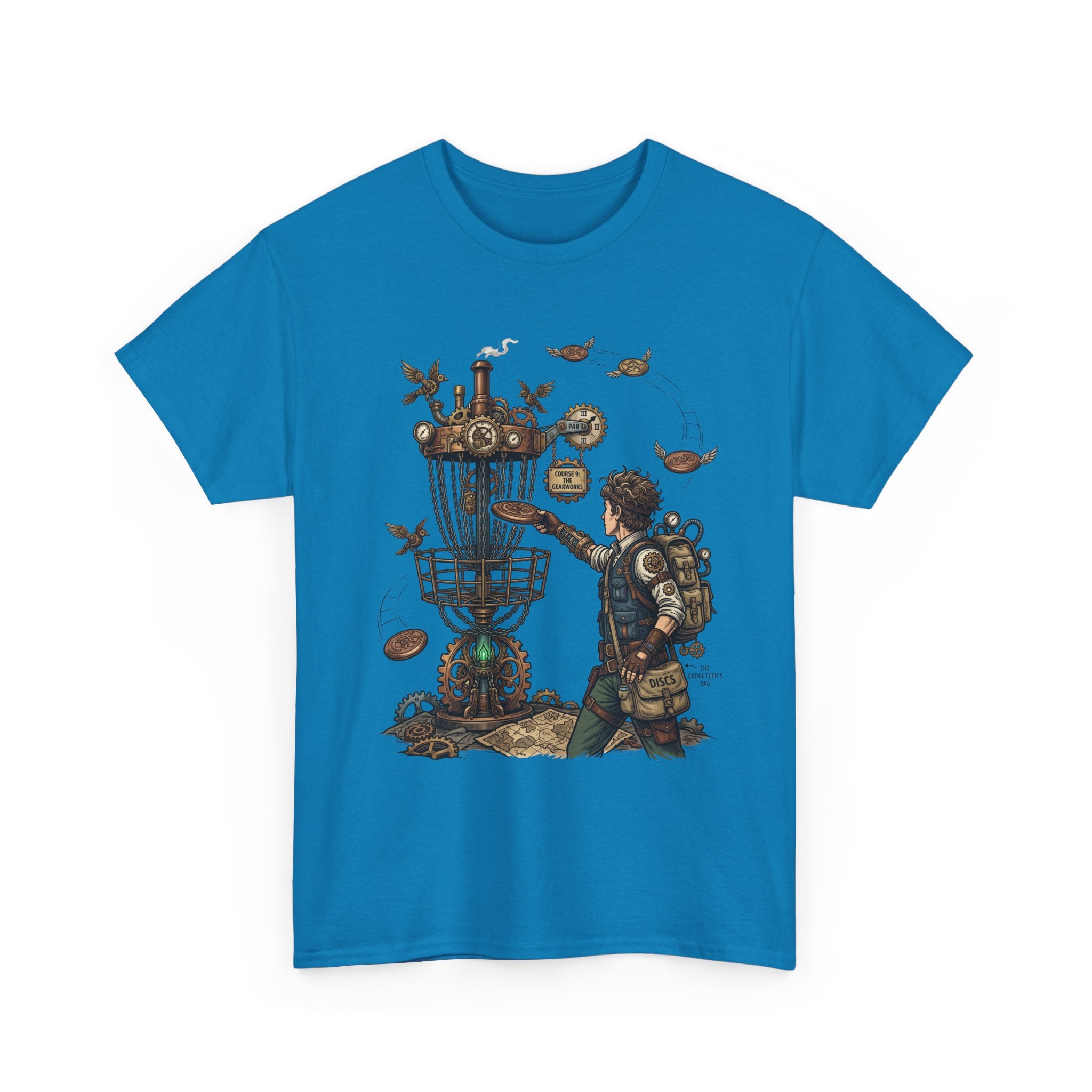 Disc Golf Adventure T‑Shirt — Steampunk Player & Birdie Basket Graphic Tee