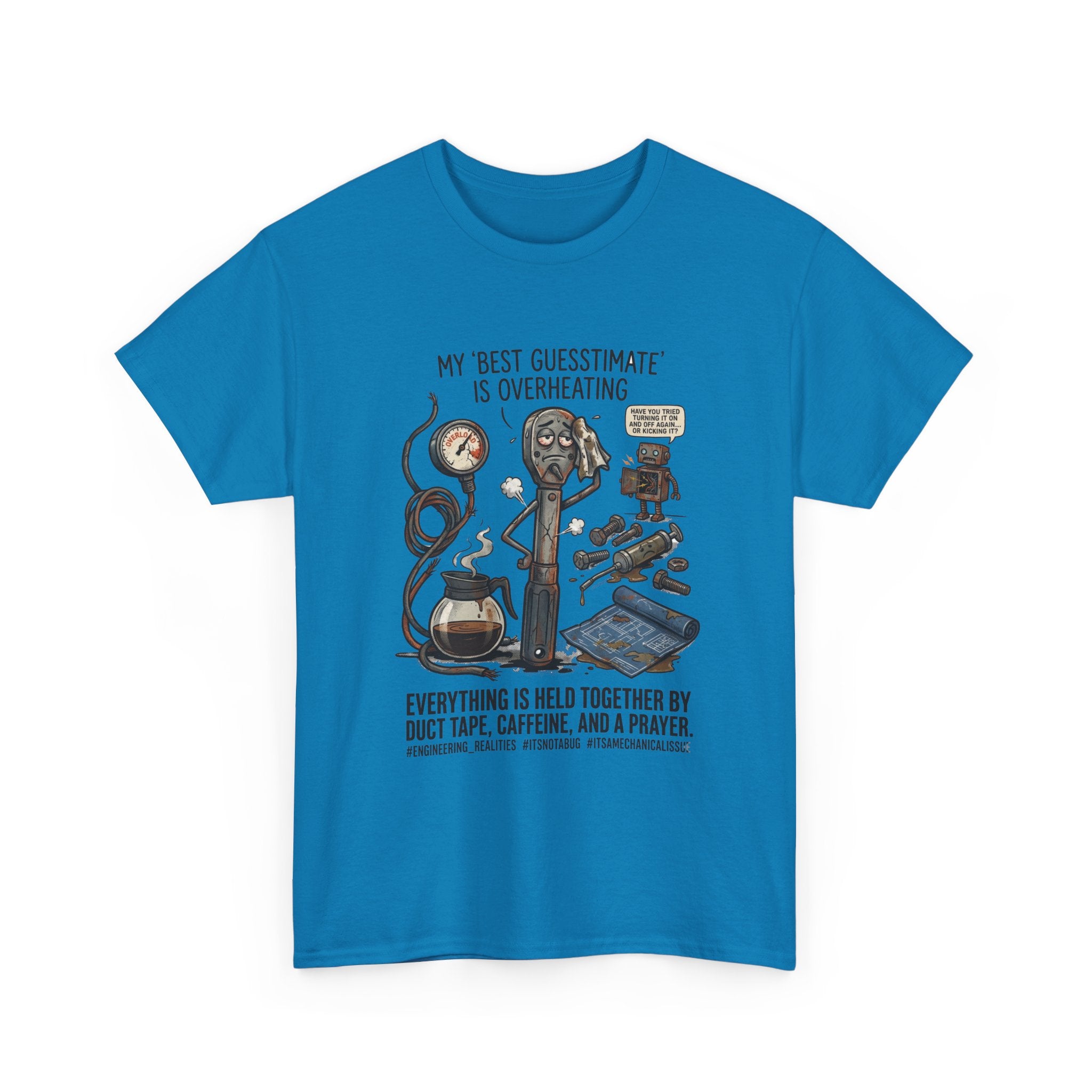 Mechanic Humor T-Shirt - "My Best Guessmate Is Overheating" Vintage Tools, Duct Tape & Caffeine Tee