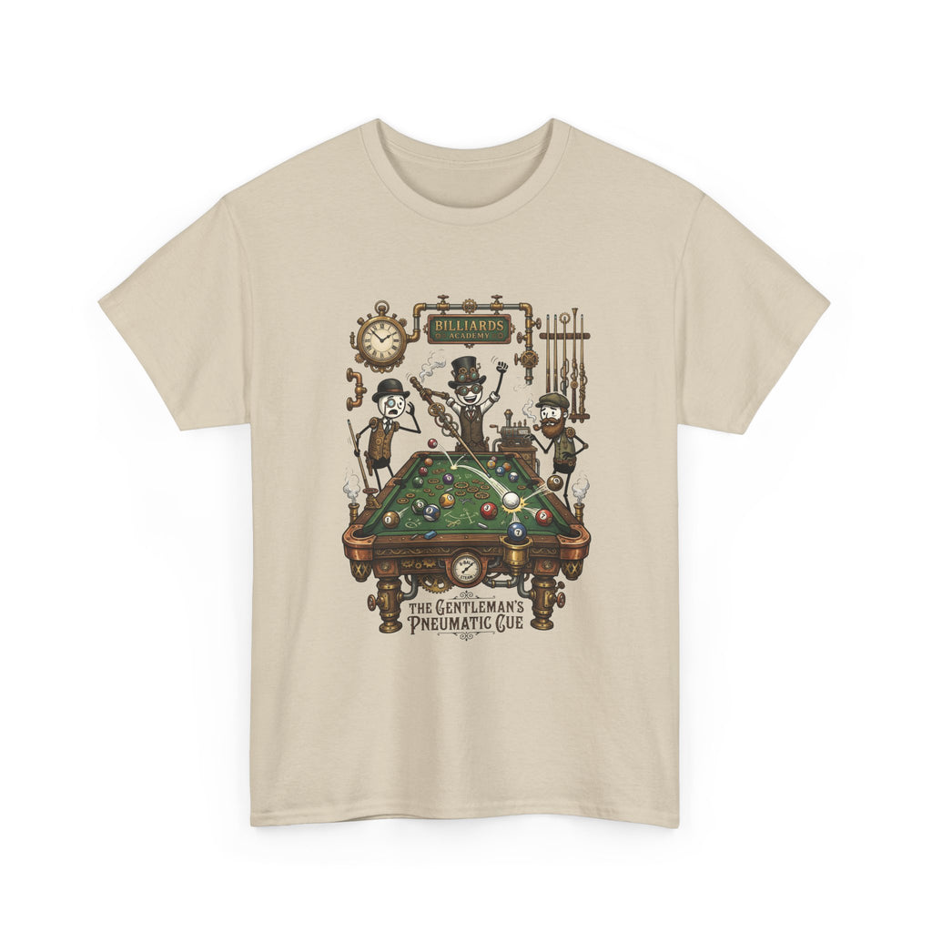 Steampunk Billiards Tee – 'The Gentleman's Pneumatic Cue' Pool Table Graphic Shirt