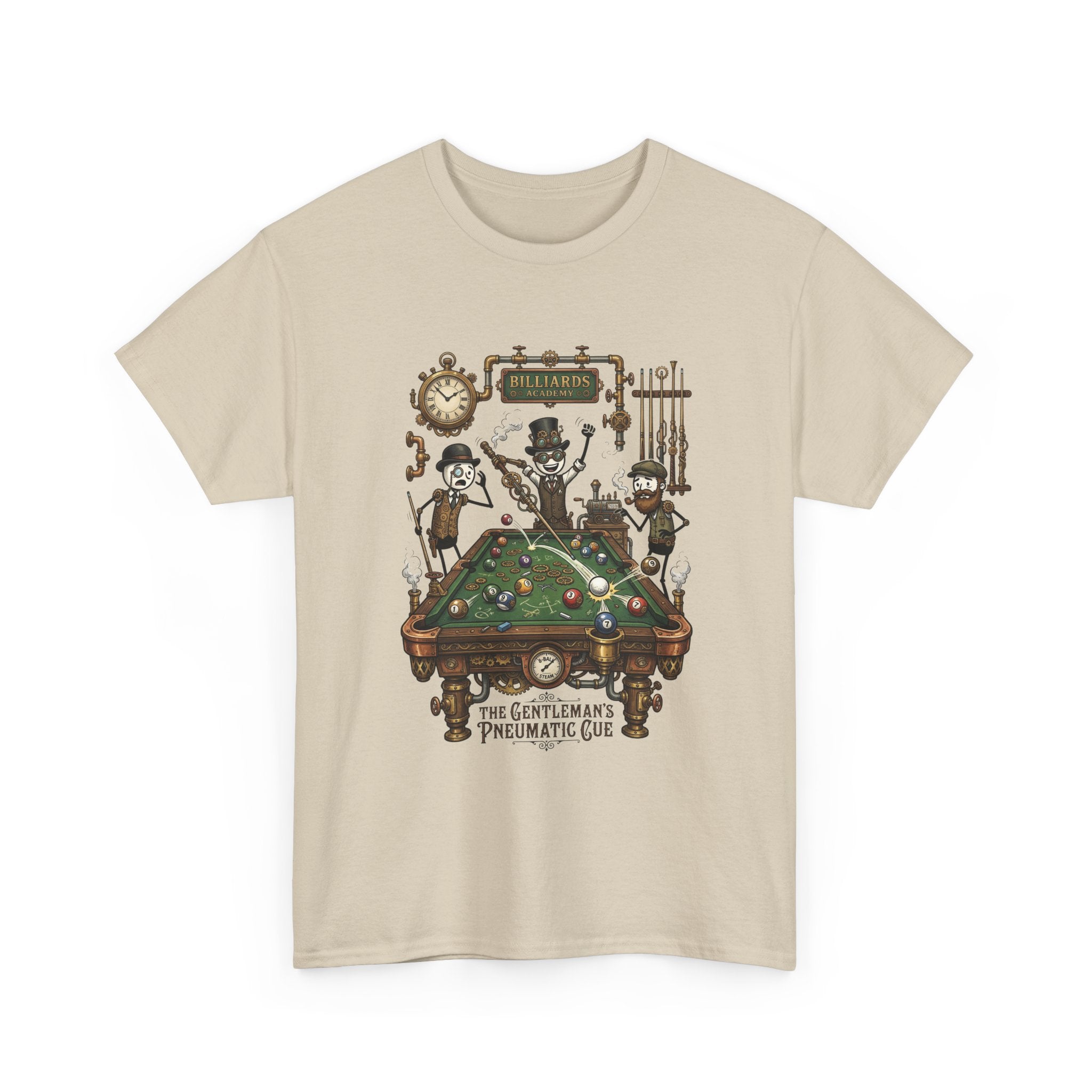 Steampunk Billiards Tee – 'The Gentleman's Pneumatic Cue' Pool Table Graphic Shirt