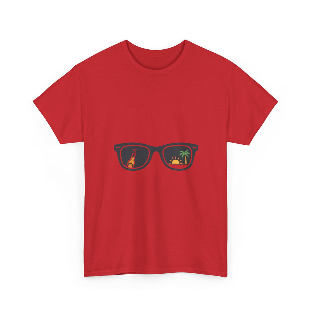 Sunglasses Reflection Tee — Tropical Beach & Palm Drink Graphic T-Shirt