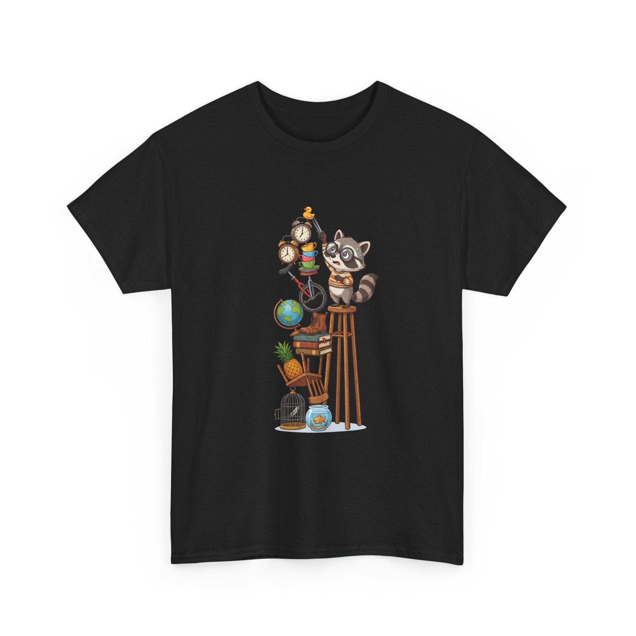 Raccoon & Curiosity Shelf T‑Shirt — Cute Scientist Animal Stack Graphic Tee