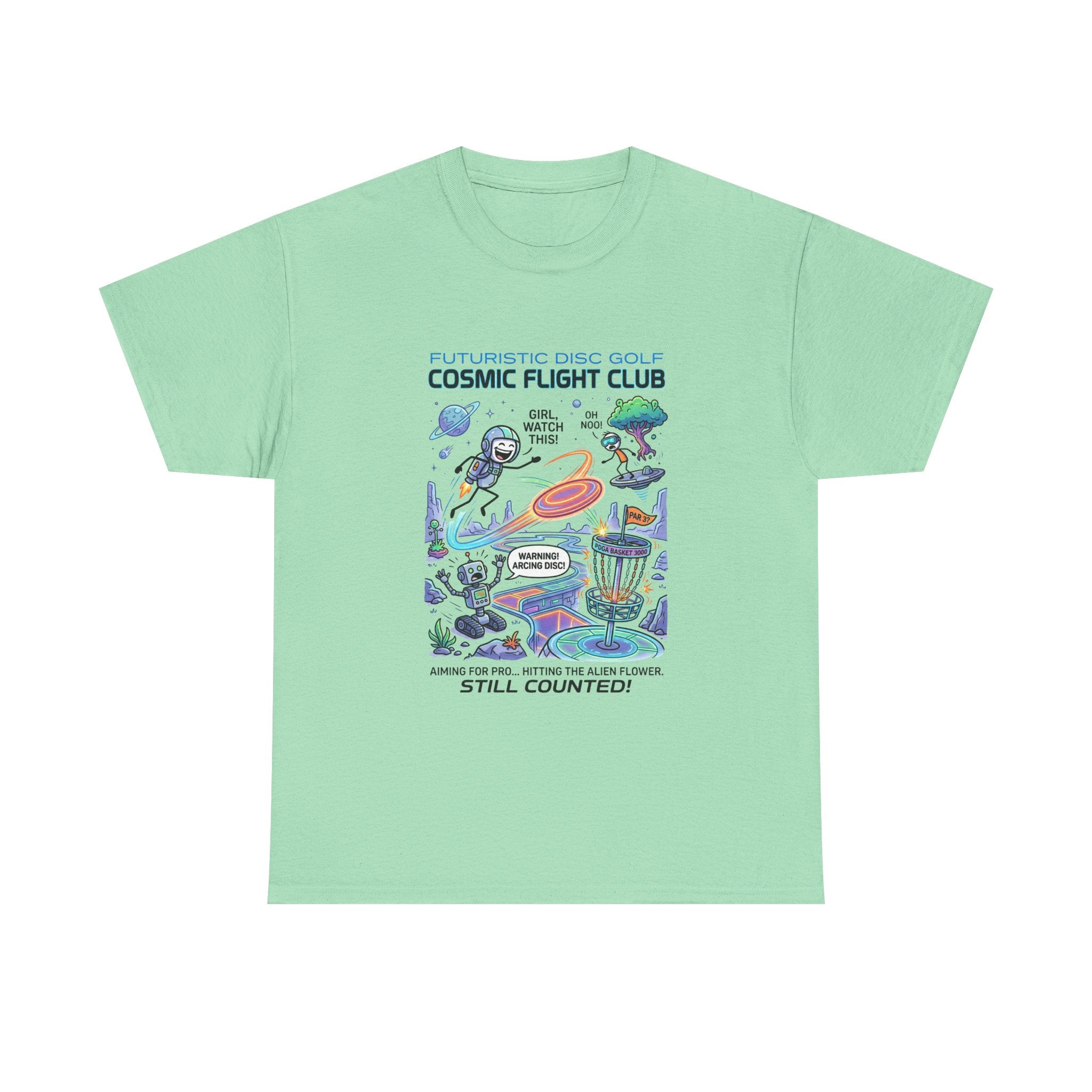 Cosmic Flight Club Disc Golf T-Shirt — Futuristic Outer Space Design