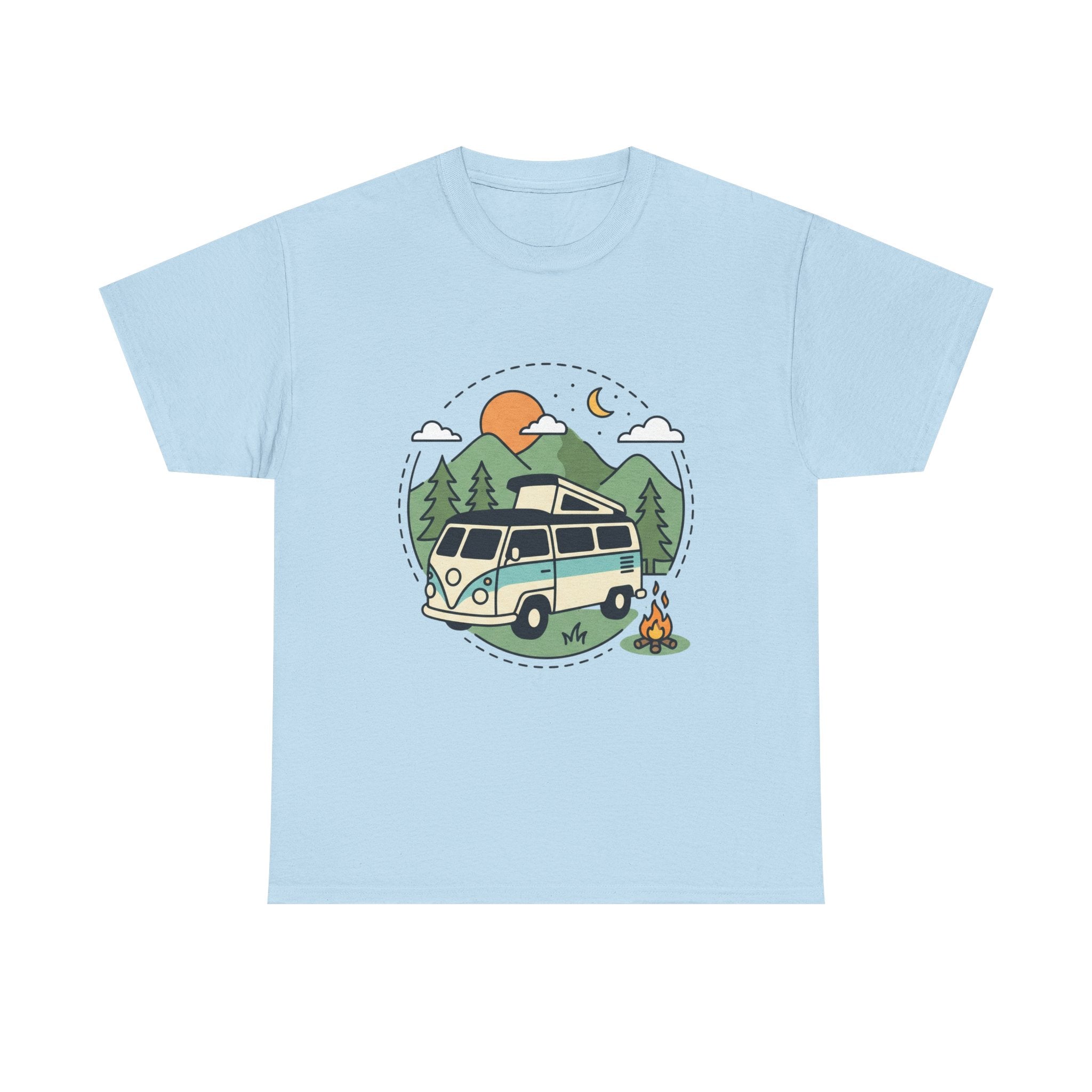 Camper Van Camping T‑Shirt — Retro Van, Mountains & Campfire Tee
