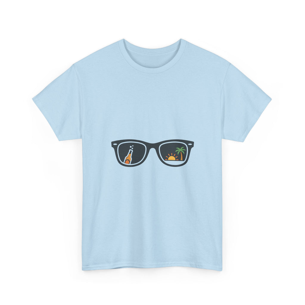 Sunglasses Reflection Tee — Tropical Beach & Palm Drink Graphic T-Shirt