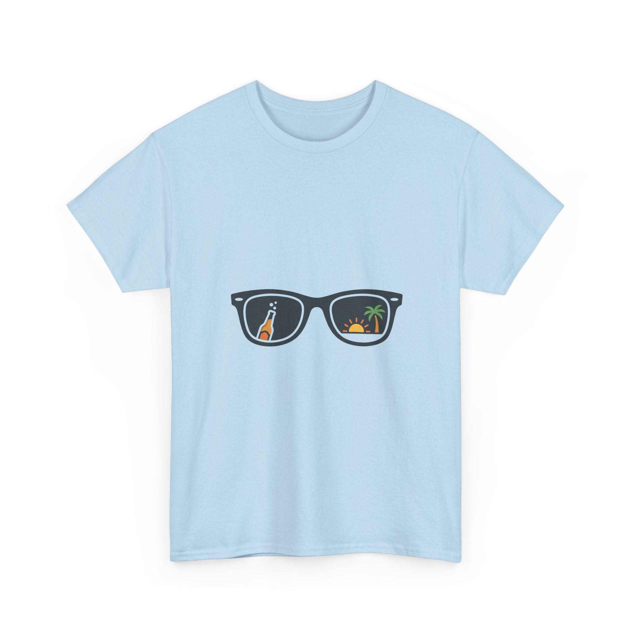 Sunglasses Reflection Tee — Tropical Beach & Palm Drink Graphic T-Shirt