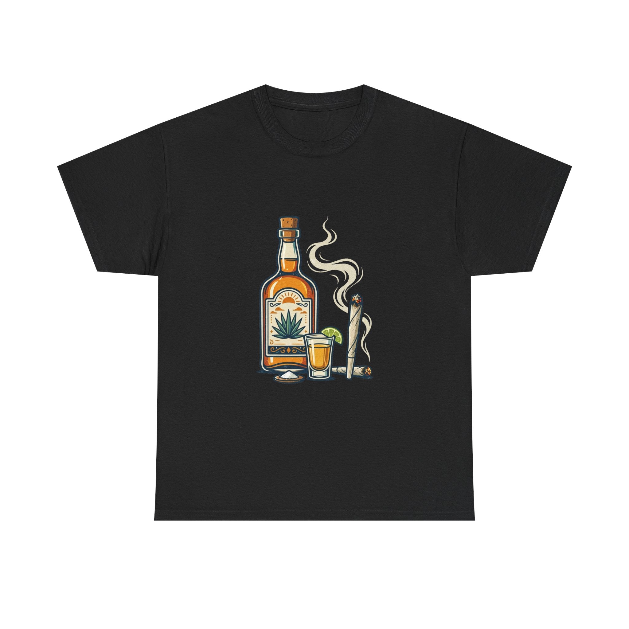 Tequila & Joint T-Shirt — Mexican Agave Bottle with Shot Glass and Joint Graphic