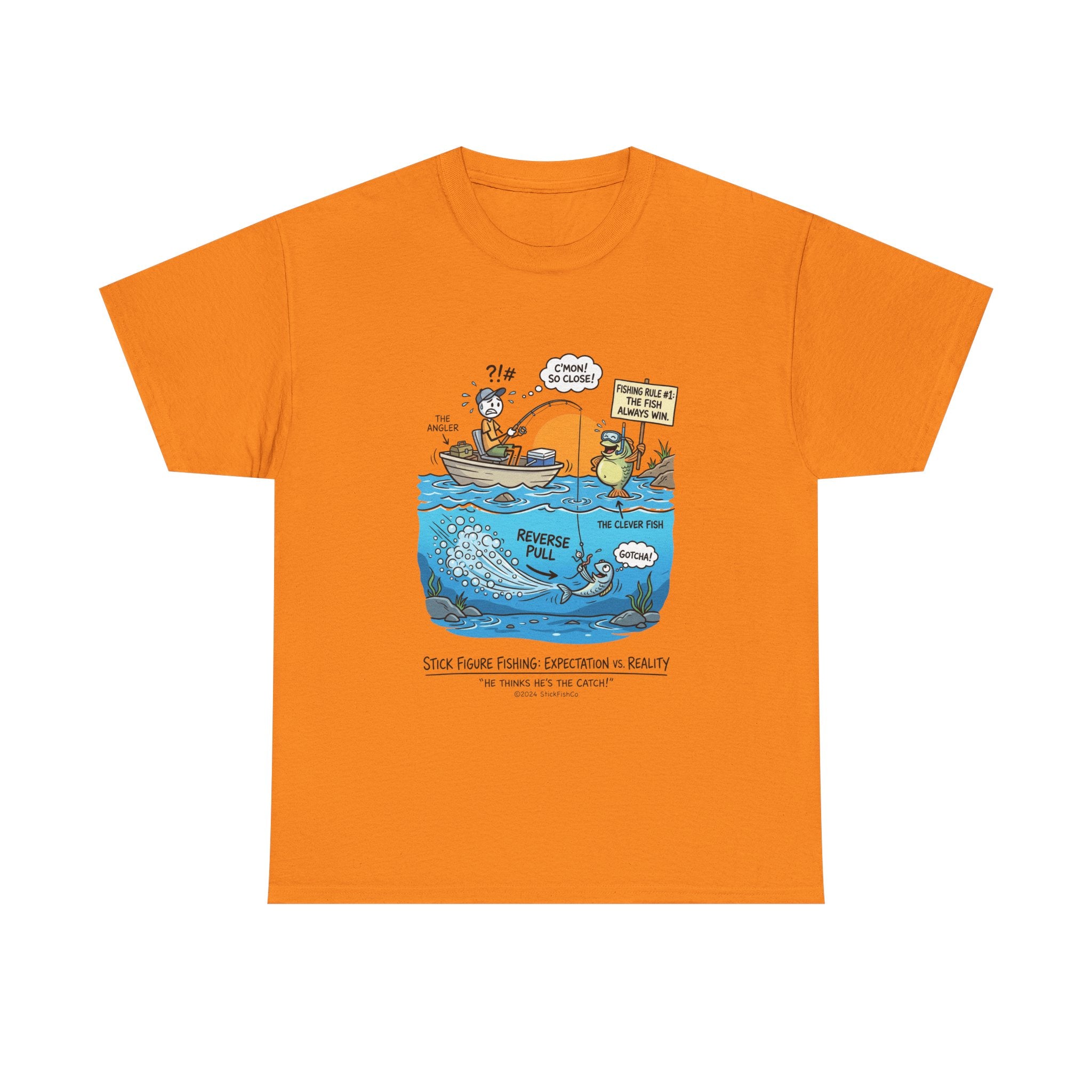 Fishing Cartoon T-Shirt — 'Reverse Take' Sunset Boating Tee