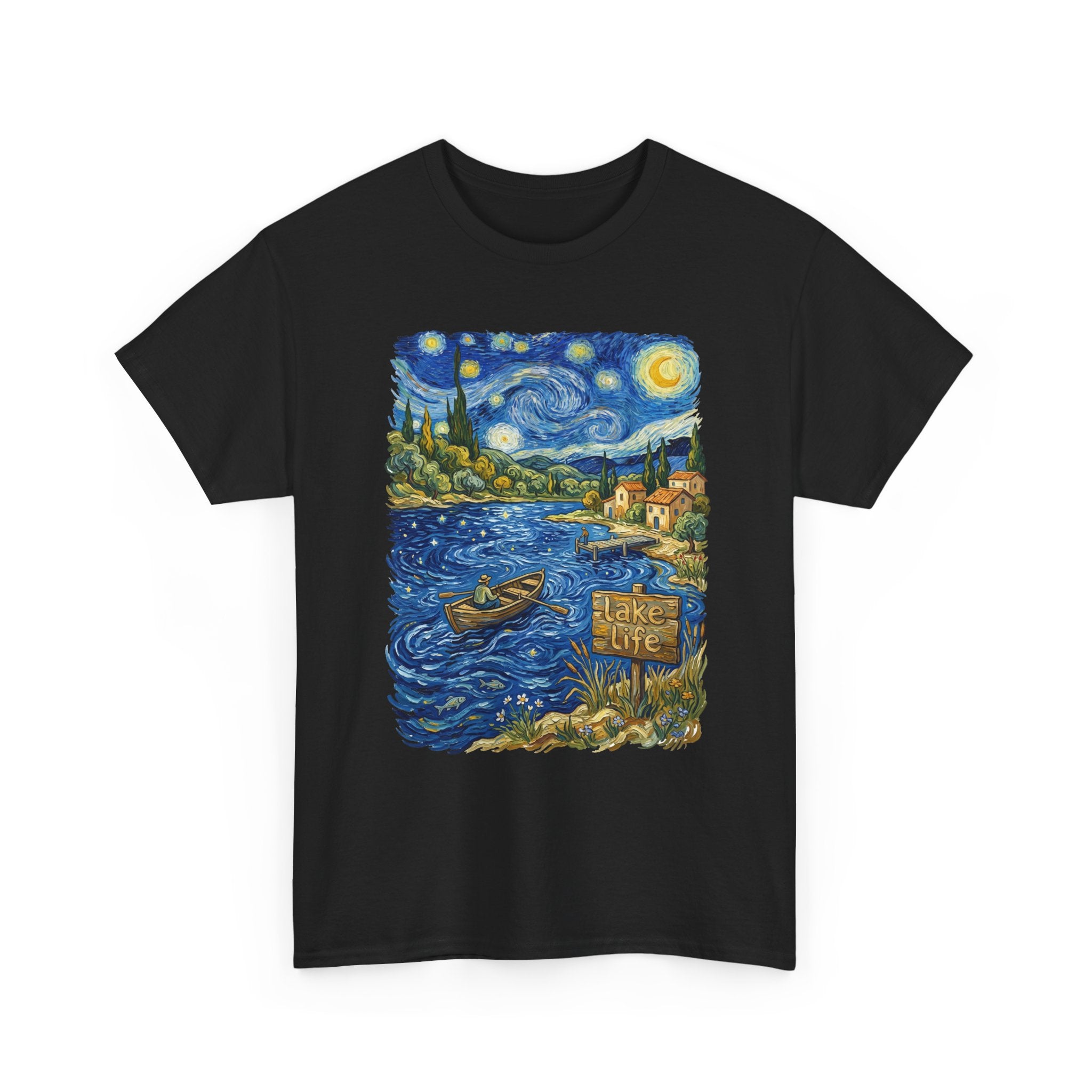 T-Shirt — Van Gogh Night Lake Art Tee (Boat on Starry Night)
