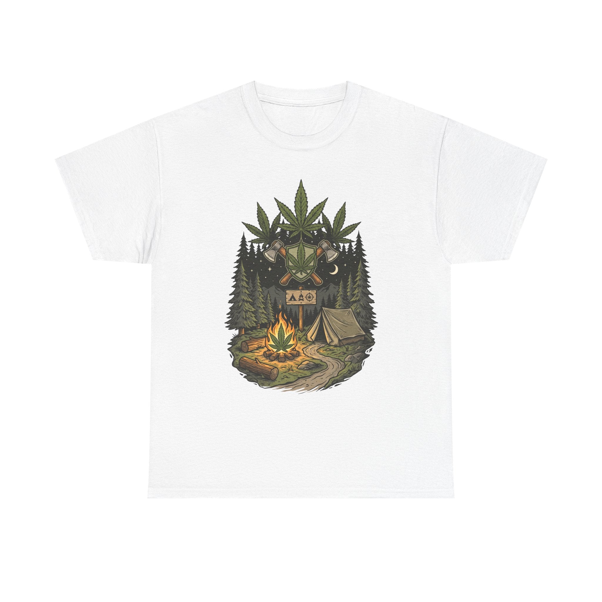 Camping Bear Graphic Tee — Forest Campfire & Leaf Emblem T-Shirt