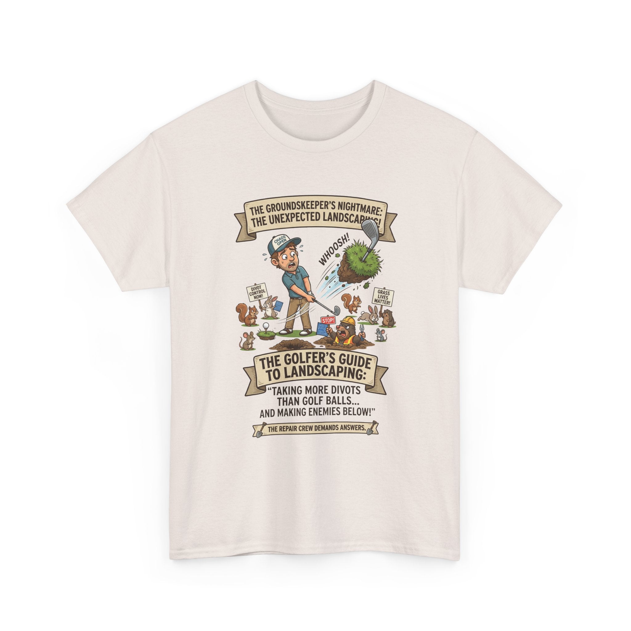 Golf T-Shirt — "The Golfer’s Guide to Landscaping" Funny Divot Course Humor Tee