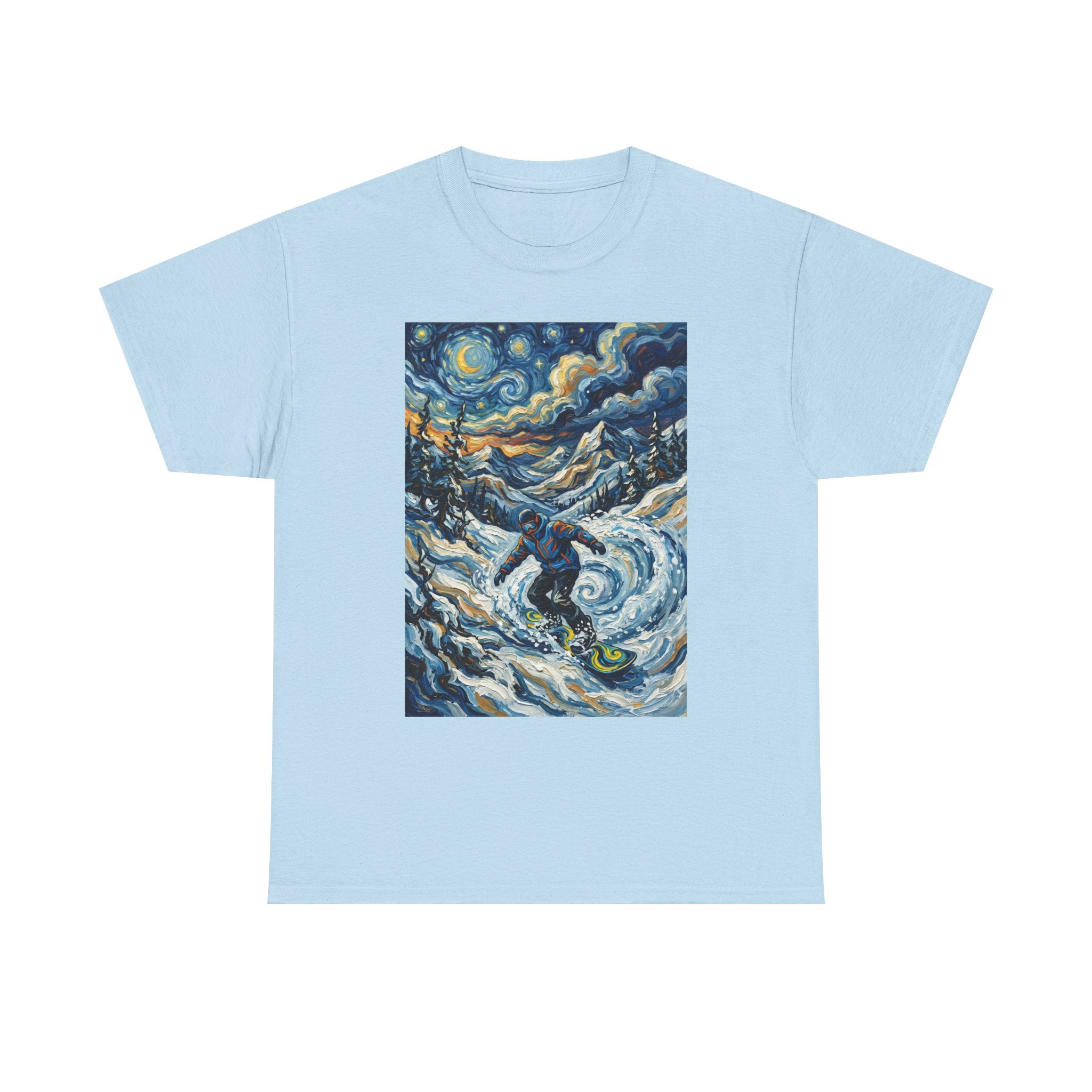 Snowboarder Van Gogh Style Tee — Starry Night Snowboarding Graphic Shirt