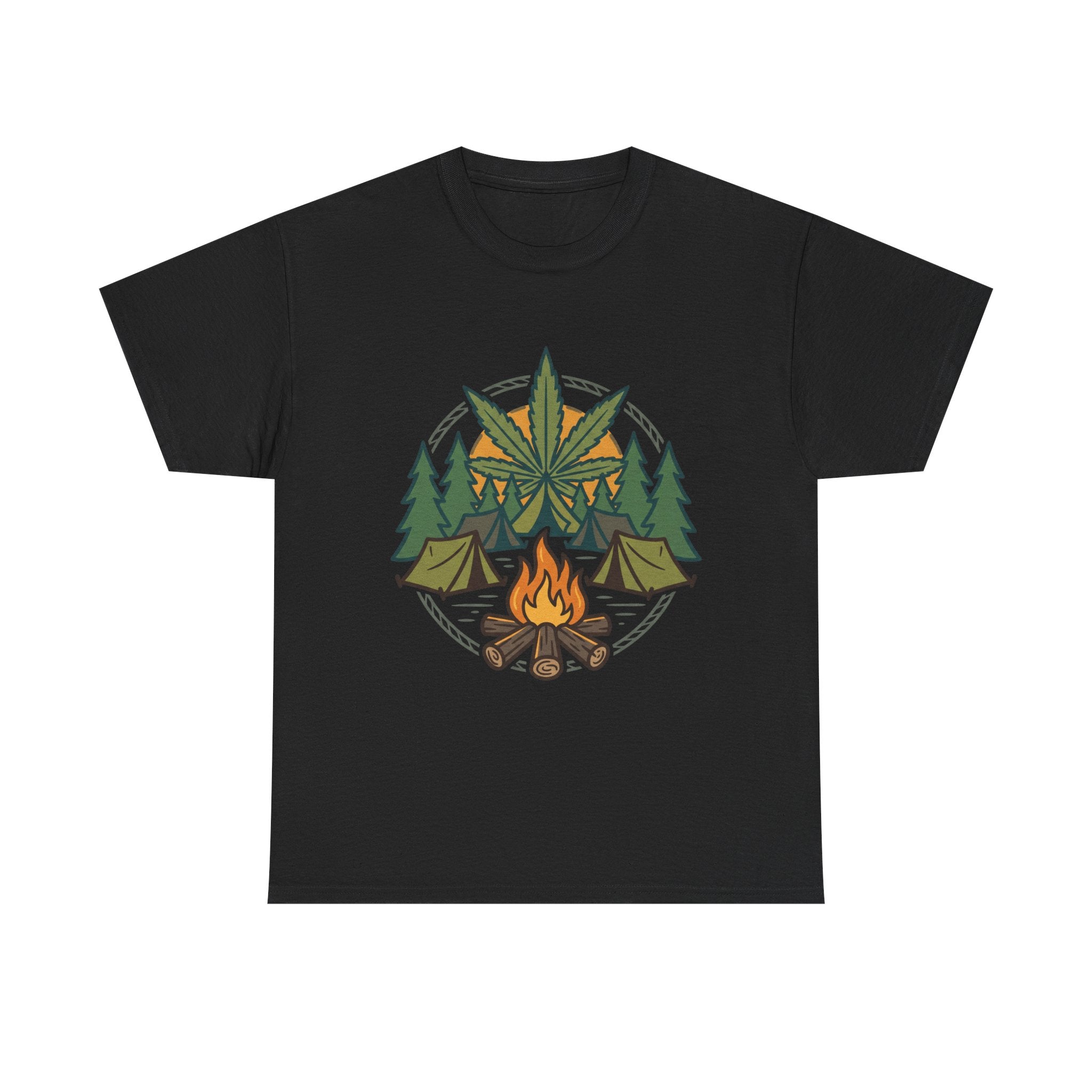 Camping Cannabis T‑Shirt – Outdoorsy Weed Leaf Campfire Graphic Tee