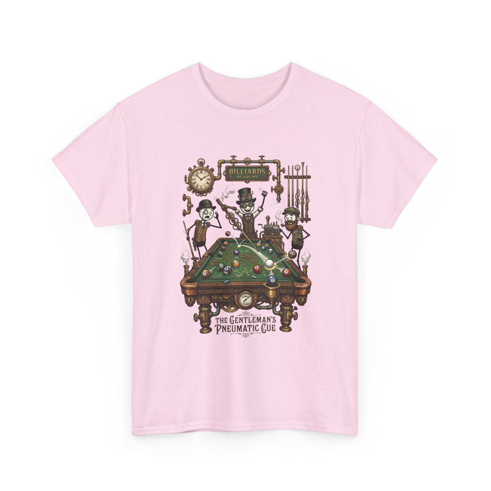 Steampunk Billiards Tee – 'The Gentleman's Pneumatic Cue' Pool Table Graphic Shirt